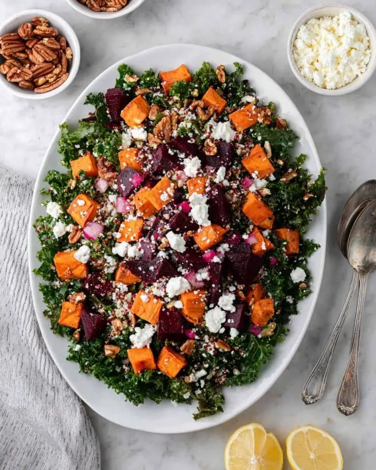Roasted Sweet Potato & Beetroot Salad with Quinoa, Kale, Feta, and Pecans Recipe