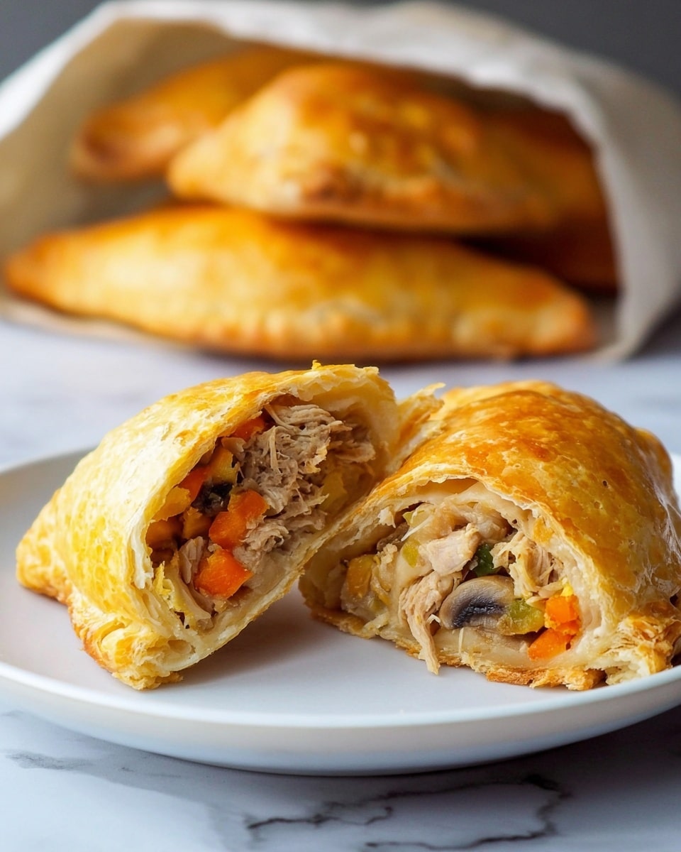 The image shows two meat pastries on a white plate placed on a white marbled surface. One pastry is whole, golden brown with a flaky texture and soft sheen. The other is cut open, revealing three layers inside: the outer golden, flaky crust, a middle layer of light brown shredded meat mixed with small pieces of orange carrot and dark brown mushrooms, and a soft inner layer close to the meat filling. In the blurred background, there are more pastries stacked inside a white paper bag. The photo taken with an iphone --ar 4:5 --v 7