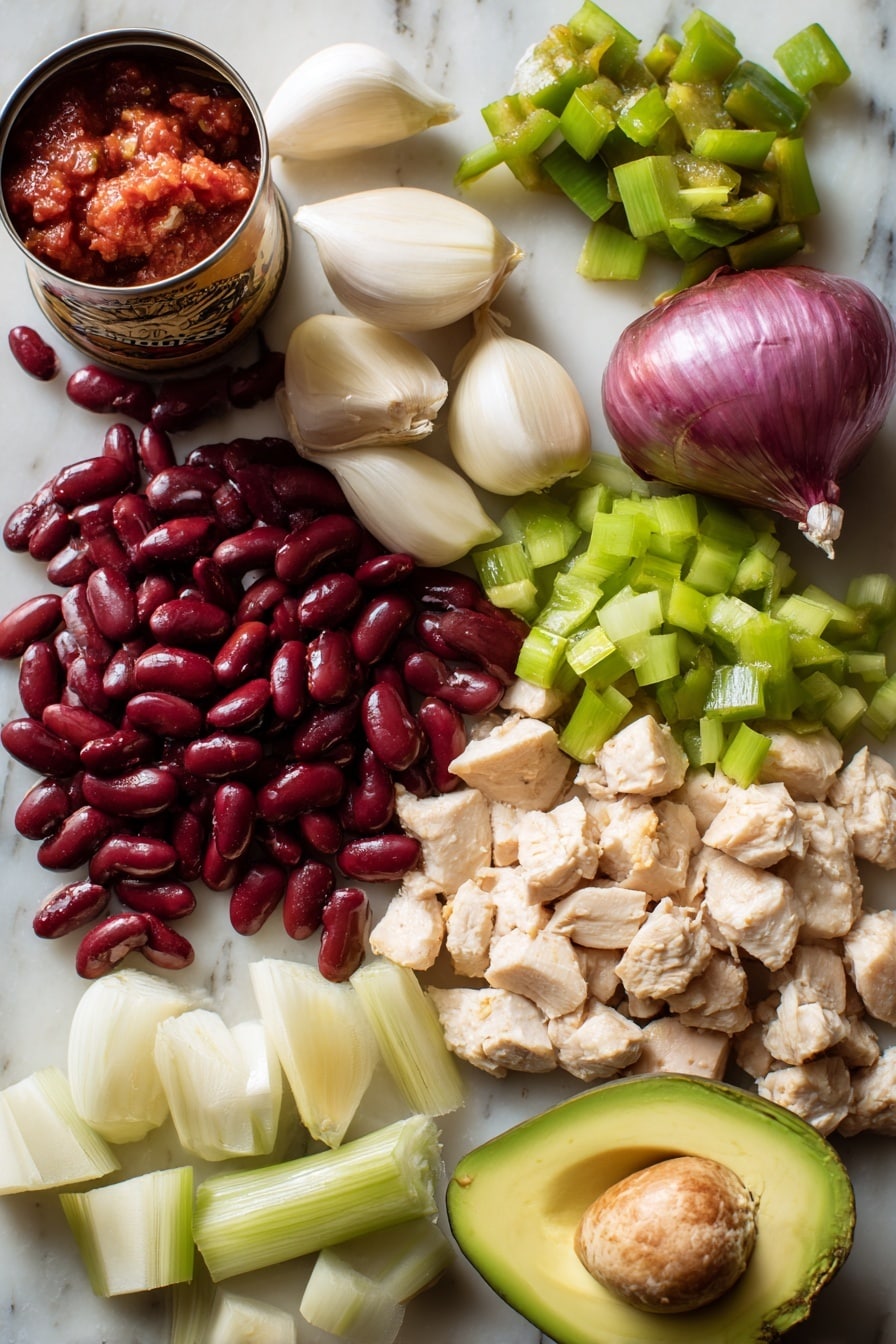 Flat lay of fresh garlic cloves with smooth white skins, a small diced bright green bell pepper, a medium onion showing off its crisp white and purple layers, ripe deep red crushed tomatoes spilling from an open can, plump glossy pinto beans in rich chili sauce, shiny kidney beans with a dark red hue, tender chopped leftover turkey pieces with a light golden-brown texture, vibrant green sliced scallions, and a halved creamy avocado showcasing its pale green flesh, arranged naturally with some spilling over and overlapping, placed on white marbled surface, photo taken with an iphone --ar 2:3 --v 7 - Leftover Turkey Chili, quick turkey chili, easy leftover turkey dinner, hearty turkey chili recipe, 30-minute turkey chili