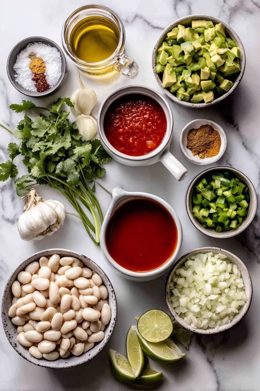 Flat lay of a small bowl of olive oil, one medium chopped white onion, one diced jalapeno pepper, a small pile of finely diced green bell pepper, a small bunch of fresh cilantro leaves, three peeled garlic cloves, small heaps of ground cumin, coriander, turmeric, garlic powder, and oregano, a ramekin of bright red enchilada sauce, a cup of chicken broth in a clear glass, two cans of rinsed white cannellini beans spilling some beans beside the cans, raw boneless skinless chicken thighs neatly arranged, a small bowl of frozen corn, one halved medium lime, sliced avocado pieces, a few jalapeno slices, extra lime wedges, and a handful of tortilla strips, placed on a white marble surface, photo taken with an iphone --ar 2:3 --v 7 - Creamy White Bean Chicken Enchilada Soup, white bean chicken enchilada soup, Mexican-inspired creamy soup, healthy chicken enchilada soup, easy comforting soup recipes