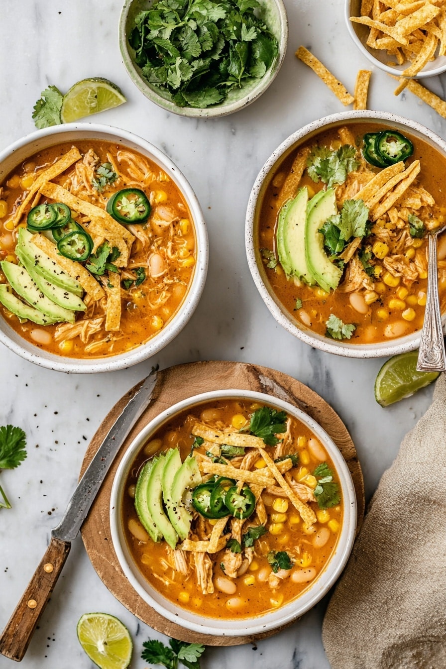 The image shows three white bowls filled with a thick orange soup with visible white beans, corn, and pieces of shredded chicken. Each bowl is topped with green sliced avocado, dark green rings of jalapeño, light yellow tortilla strips, and a wedge of lime with black pepper sprinkled on top. Fresh green cilantro leaves are scattered over the soup and around the bowls. One bowl has a spoon resting inside it on a small light wood board. The bowls sit on a white marbled surface with a beige cloth on the right side and a small white bowl with extra tortilla strips above. A small green bowl with cilantro and lime wedges is on the left, next to a knife. photo taken with an iphone --ar 2:3 --v 7 - Creamy White Bean Chicken Enchilada Soup, white bean chicken enchilada soup, Mexican-inspired creamy soup, healthy chicken enchilada soup, easy comforting soup recipes