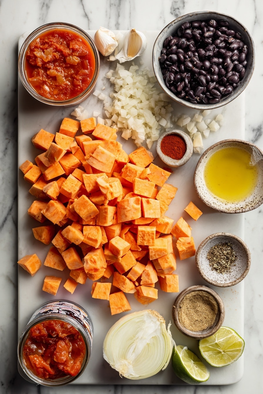 Flat lay of a medium-sized pile of peeled and cubed sweet potatoes, one large chopped onion, three garlic cloves, a small piece of peeled ginger root finely chopped, a small bowl of olive oil, two teaspoons of paprika, a teaspoon of cumin in a small dish, one can of black beans with some beans spilled out, one can of fire roasted tomatoes with tomatoes visible, a bowl of vegetable broth, and half a fresh lime cut into wedges placed on a white marble surface, photo taken with an iphone --ar 2:3 --v 7 - Sweet Potato Black Bean Soup, Healthy vegan soup recipe, Easy vegetarian soup, Nutritious black bean soup, Comforting plant-based dinner