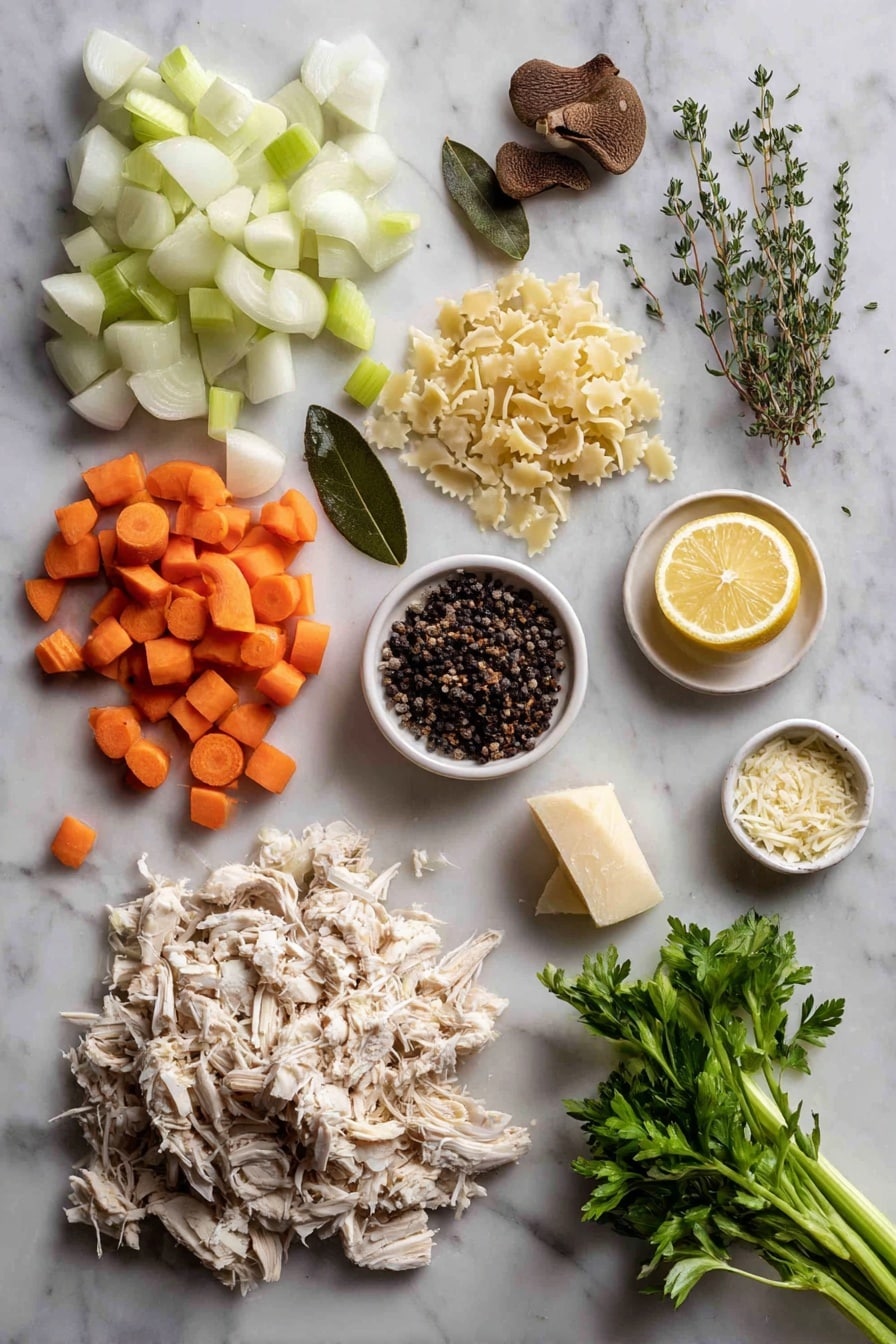 Flat lay of two medium diced onions with half finely chopped, four carrots split between large chunks and small diced pieces, four celery stalks cut into large and small chunks, a small pile of dried porcini mushrooms, a single bay leaf, four sprigs of fresh thyme, a small mound of parmesan rind pieces, one pressed garlic clove, a small bowl of stelline pasta, a modest heap of shredded cooked chicken, a lemon with zest and wedges, and a small bunch of fresh parsley, all placed on a white marble surface, photo taken with an iphone --ar 2:3 --v 7 - Parmesan Chicken Pastina Soup, creamy chicken pasta soup, comforting chicken and pasta soup, savory parmesan broths, easy chicken pasta dinner
