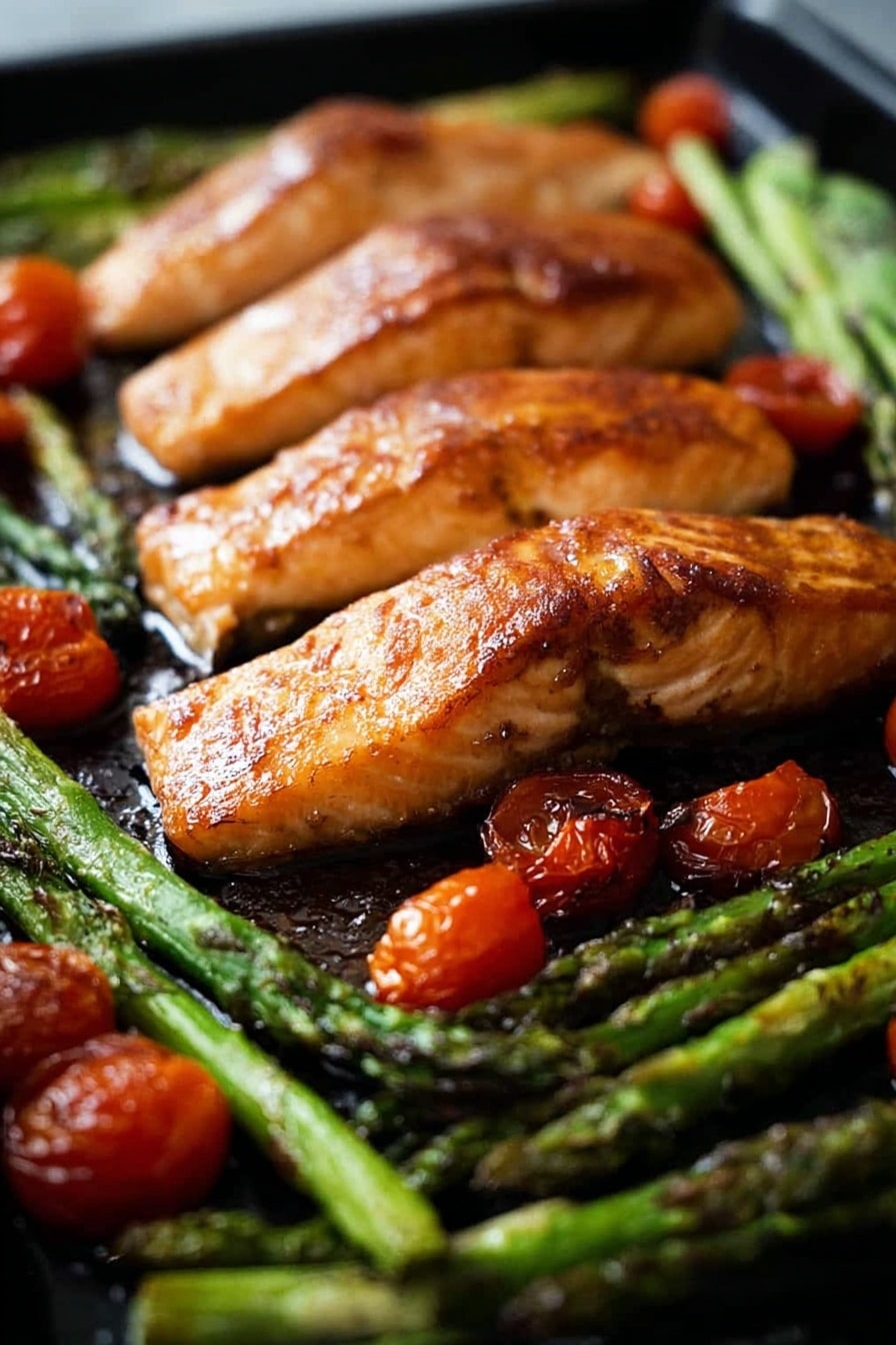 The image shows four golden brown cooked salmon fillets laid side by side on a black tray. The salmon has a shiny, slightly crisp surface. Around the fillets are roasted bright green asparagus stalks with some tips slightly charred. Small, round red cherry tomatoes are scattered throughout the tray, some whole and some lightly softened. The background is out of focus, putting the focus on the salmon and vegetables. photo taken with an iphone --ar 2:3 --v 7 - Brown Sugar Broiled Salmon with Roasted Vegetables, salmon with caramelized glaze, quick healthy seafood dinner, easy roasted vegetable side, under 15-minute salmon recipe