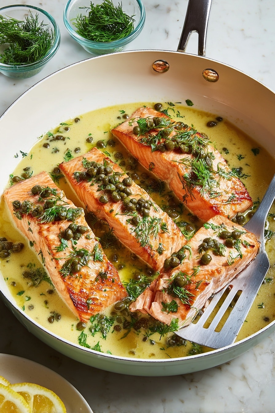 Four pieces of cooked salmon with a pink-orange color and slightly crispy edges sit in a white pan filled with light yellow creamy sauce mixed with green herbs and small dark green capers. Each salmon piece is topped with chopped fresh green parsley and dill. One piece of salmon is being lifted by a silver metal spatula on the right side. The pan is on a white marbled surface, and near the top left corner, there are two small glass bowls—one with green dill and another with capers. In the bottom left corner, there are some lemon wedges on a white plate. photo taken with an iphone --ar 2:3 --v 7 - Salmon Piccata, Easy Salmon Piccata, Lemon Salmon Dinner, Healthy Salmon Recipes, Elegant Salmon Main Dish