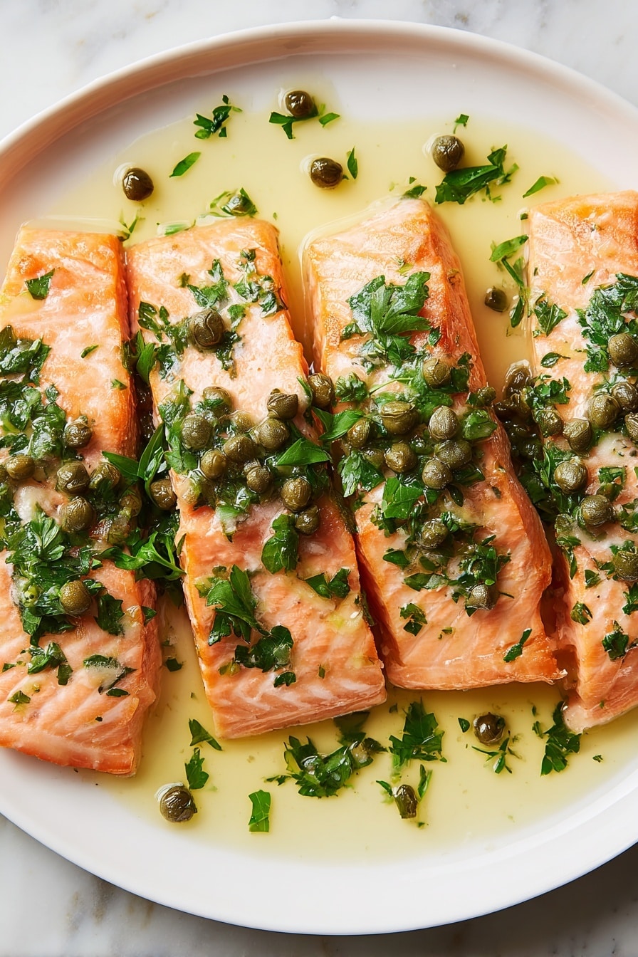 Four pieces of cooked salmon with a light orange color and soft texture are arranged side by side on a white plate. Each salmon piece is topped with bright green herbs and small dark green capers. The plate has a light sauce that is pale yellow with green flecks from the herbs, spreading between and around the salmon pieces. The background is a white marbled surface. photo taken with an iphone --ar 2:3 --v 7 - Salmon Piccata, Easy Salmon Piccata, Lemon Salmon Dinner, Healthy Salmon Recipes, Elegant Salmon Main Dish