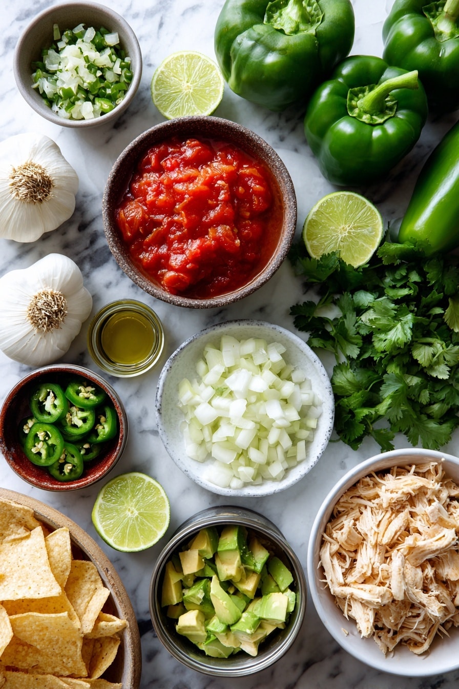 Flat lay of two medium green bell peppers, one whole white onion diced into small pieces in a small bowl, a small bowl of finely diced jalapeños from about two peppers, six peeled garlic cloves scattered, two drained cans of fire roasted tomatoes in rustic bowls, a small bunch of fresh cilantro leaves, several lime wedges and a small cup of freshly squeezed lime juice, a bowl of shredded cooked chicken, and a handful of tortilla chips and cubed avocado nearby for garnish, all placed on a white marble surface, photo taken with an iphone --ar 2:3 --v 7 - Sopa de Lima, vibrant lime soup, Mexican lime soup, easy Sopa de Lima, tangy lime chicken soup