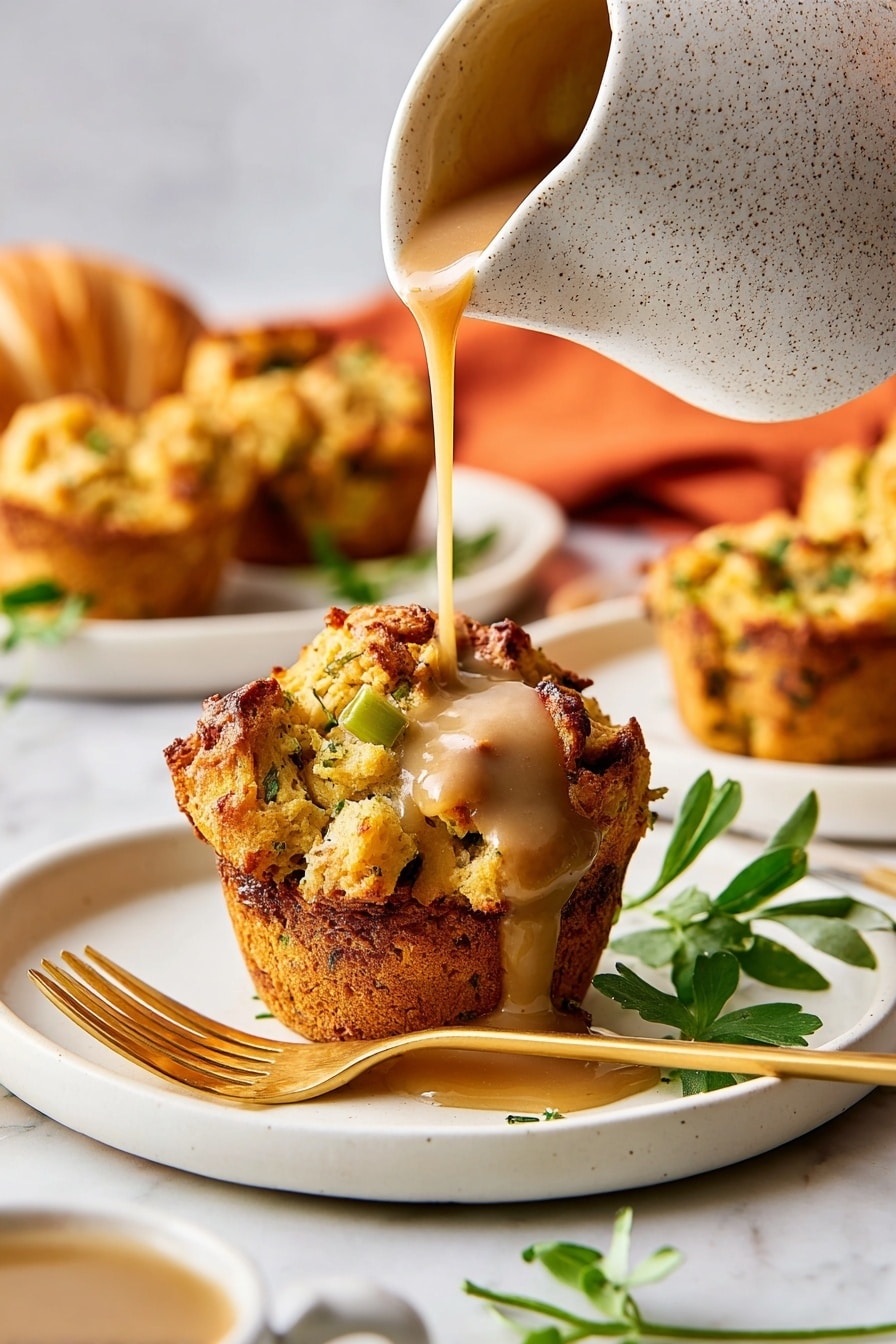 A golden-brown, crispy bread muffin sits in the center of a white plate with a smooth brown gravy being poured over it from a white, speckled ceramic pitcher above, the gravy slowly dripping down the sides and pooling slightly at the base. The muffin shows textured chunks of bread with herbs and small green vegetable pieces visible. A gold fork rests diagonally on the plate next to the muffin. A few fresh green herb leaves are placed near the fork. In the blurry background, there are more bread muffins on another white plate, a pale yellow croissant, and an orange cloth on a white marbled surface. Photo taken with an iphone --ar 2:3 --v 7 - Crispy-Edged Stuffing Muffins, stuffing muffins, Thanksgiving side dishes, individual stuffing portions, crispy stuffing edges