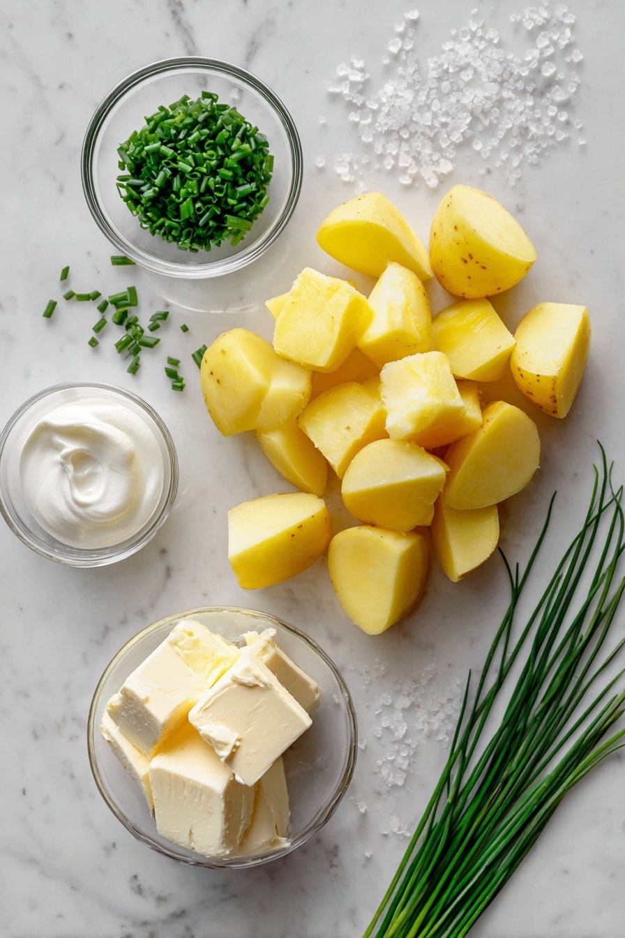 Flat lay of peeled Yukon Gold potatoes cut into chunks, creamy unsalted butter blocks, a small glass bowl of whole buttermilk, fresh bright green chopped chives scattered artistically, coarse kosher salt crystals, and a few whole chives laid out, placed on a white marble surface, photo taken with an iphone --ar 2:3 --v 7 - Buttermilk Mashed Potatoes, creamy mashed potatoes, tangy mashed potato recipe, easy mashed potato side, holiday mashed potato ideas