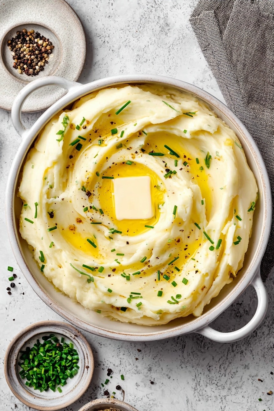 A round white bowl with two small handles holds creamy mashed potatoes swirled in soft peaks. On top, a small square of melting butter sits in the center, surrounded by a pool of bright yellow melted butter. Small chopped green chives are scattered evenly across the surface, along with a few black pepper flakes. The bowl rests on a white marbled surface next to a grey cloth napkin, and nearby are small dishes with more chives and cracked black pepper. Photo taken with an iphone --ar 2:3 --v 7 - Buttermilk Mashed Potatoes, creamy mashed potatoes, tangy mashed potato recipe, easy mashed potato side, holiday mashed potato ideas