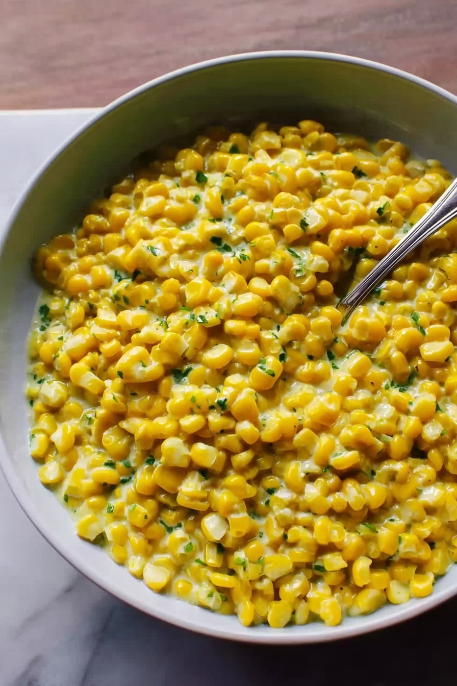 A close-up of a white bowl filled with creamy yellow corn kernels mixed with small bits of green herbs. The creamy sauce appears smooth and thick, covering the corn evenly in a single layer. A silver spoon rests inside the bowl on the right side, and the bowl sits on a white marbled surface. Photo taken with an iphone --ar 2:3 --v 7 - Cilantro-Lime Instant Pot Creamed Corn, creamed corn recipes, quick corn side dish, instant pot corn recipes, cilantro lime side dish