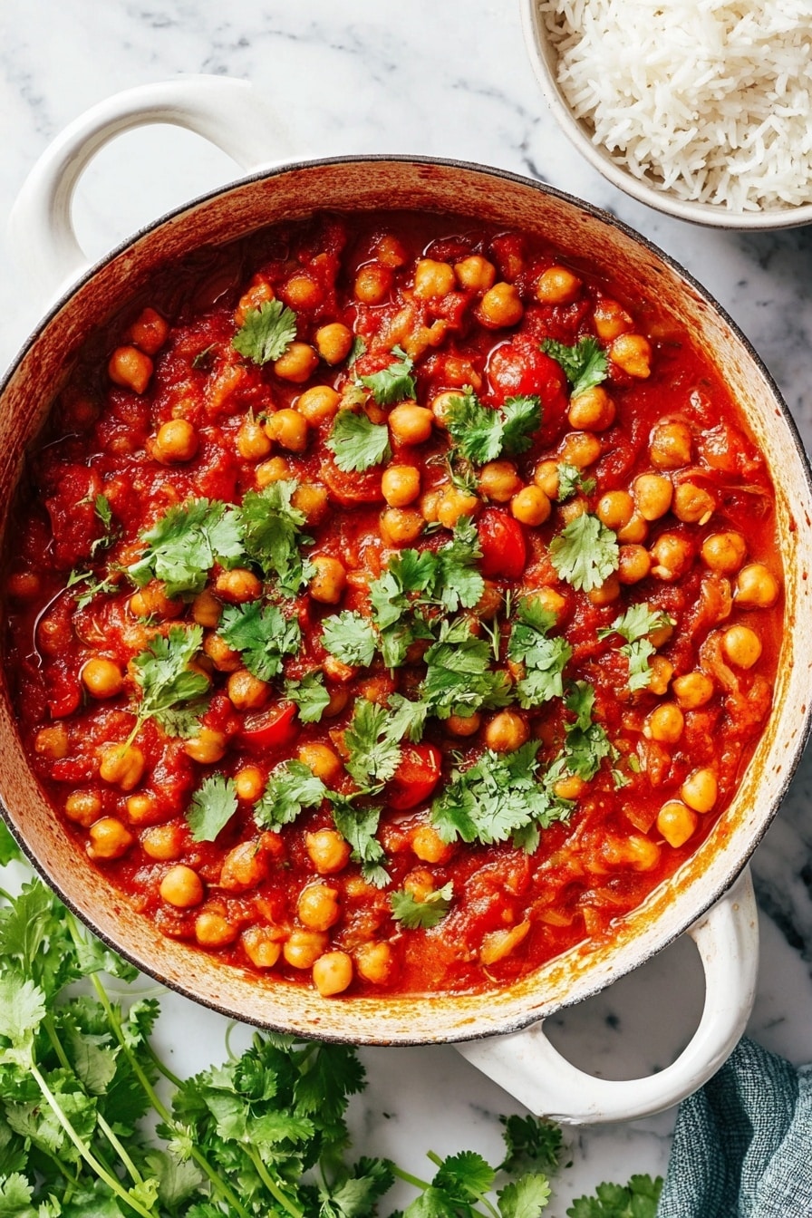 A white cast iron pan filled with a one-layer chickpea stew that has a rich red tomato sauce mixed with visible tomato chunks. The stew is topped with scattered fresh green cilantro leaves. The pan rests on a white marbled surface with some loose cilantro at the bottom left. A small white bowl with cooked white rice is visible on the top right corner. The photo taken with an iphone --ar 2:3 --v 7 - Easy Vegan Chana Masala, Vegan Chana Masala with Tomato and Chickpeas, Healthy Indian Chickpea Curry, Simple Vegan Indian Dinner, Quick Vegan Chana Masala
