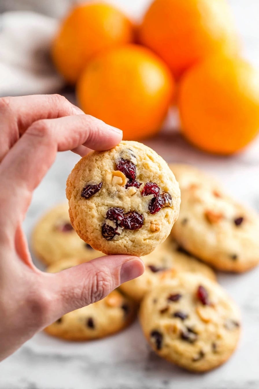 A close-up view of a woman's hand holding a single round cookie that is light golden in color with visible dark red dried fruit pieces and bits of nuts mixed inside. Below the hand, there is a white surface with several more similar cookies scattered and slightly overlapping each other. In the blurred background, three whole bright orange fruits are arranged together. The whole scene is set against a white marbled surface. photo taken with an iphone --ar 2:3 --v 7 - Cranberry Orange Oatmeal Cookies, Cranberry Orange Cookies, Best Oatmeal Cookie Recipes, Easy Cranberry Cookies, Tangy Citrus Cranberry Cookies