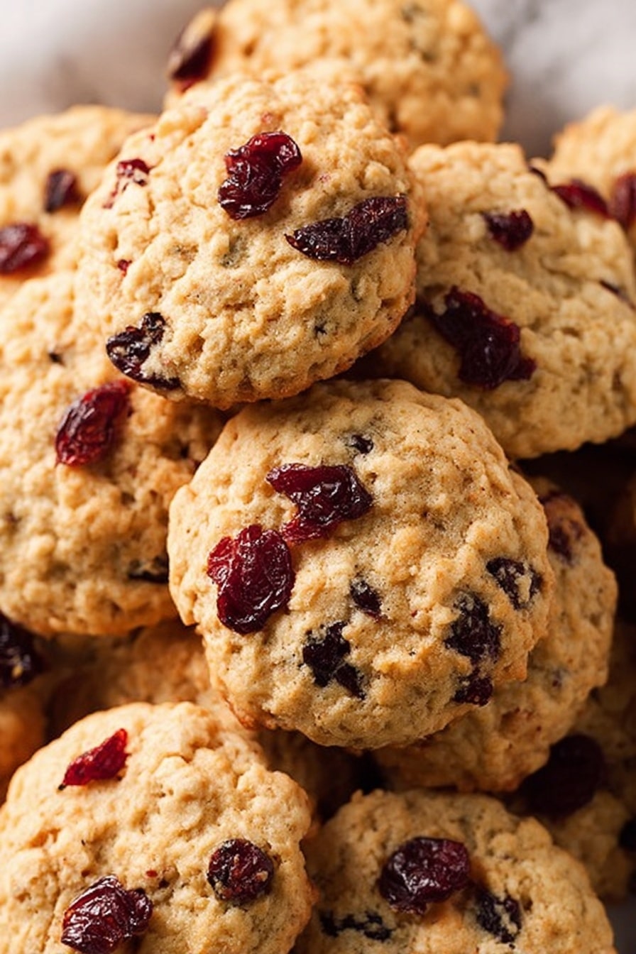 A pile of soft oatmeal cookies with visible dark red dried cranberries mixed throughout each cookie, showing a light golden brown color with a slightly rough texture on top. The cranberries are scattered both on the surface and inside the cookies, adding contrast with their deep red color. The cookies are stacked closely on a white marbled background, filling the frame with a cozy and inviting look. Photo taken with an iphone --ar 2:3 --v 7 - Cranberry Orange Oatmeal Cookies, Cranberry Orange Cookies, Best Oatmeal Cookie Recipes, Easy Cranberry Cookies, Tangy Citrus Cranberry Cookies