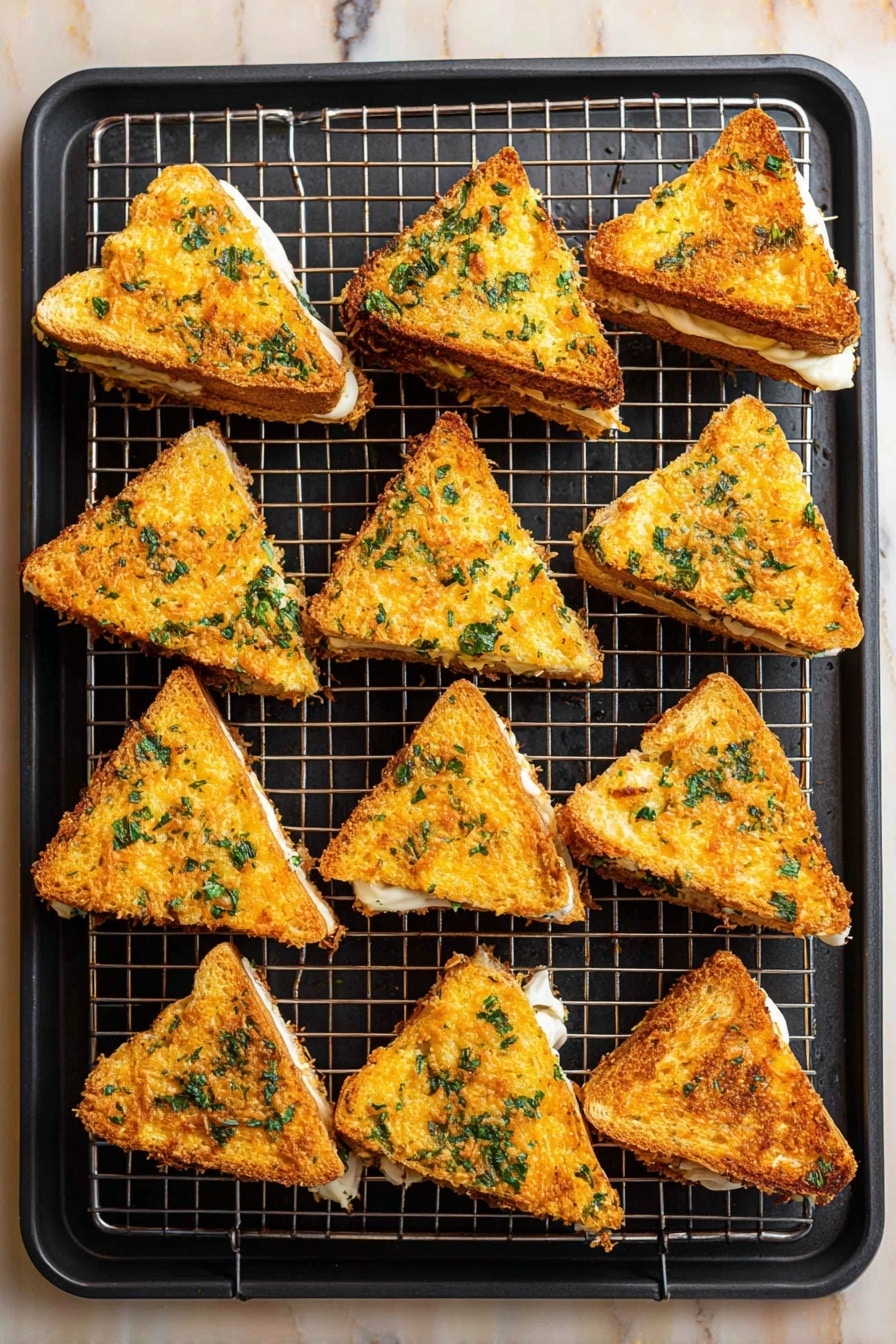 The image shows eleven triangular pieces of crispy, golden-brown sandwiches arranged on a black wire rack over a black baking tray. Each sandwich has a crunchy outer layer with green herb bits scattered on top, giving a textured look. Inside, you can see a creamy white filling peeking out between the two crispy layers. The sandwiches are evenly spaced, and the tray is placed on a white marbled surface. The overall look highlights the crunchy, toasted texture and the fresh green herbs on each sandwich. photo taken with an iphone --ar 2:3 --v 7 - Mozzarella en Carrozza, Italian mozzarella sandwiches, cheesy fried bread, crispy mozzarella appetizer, how to make Mozzarella en Carrozza