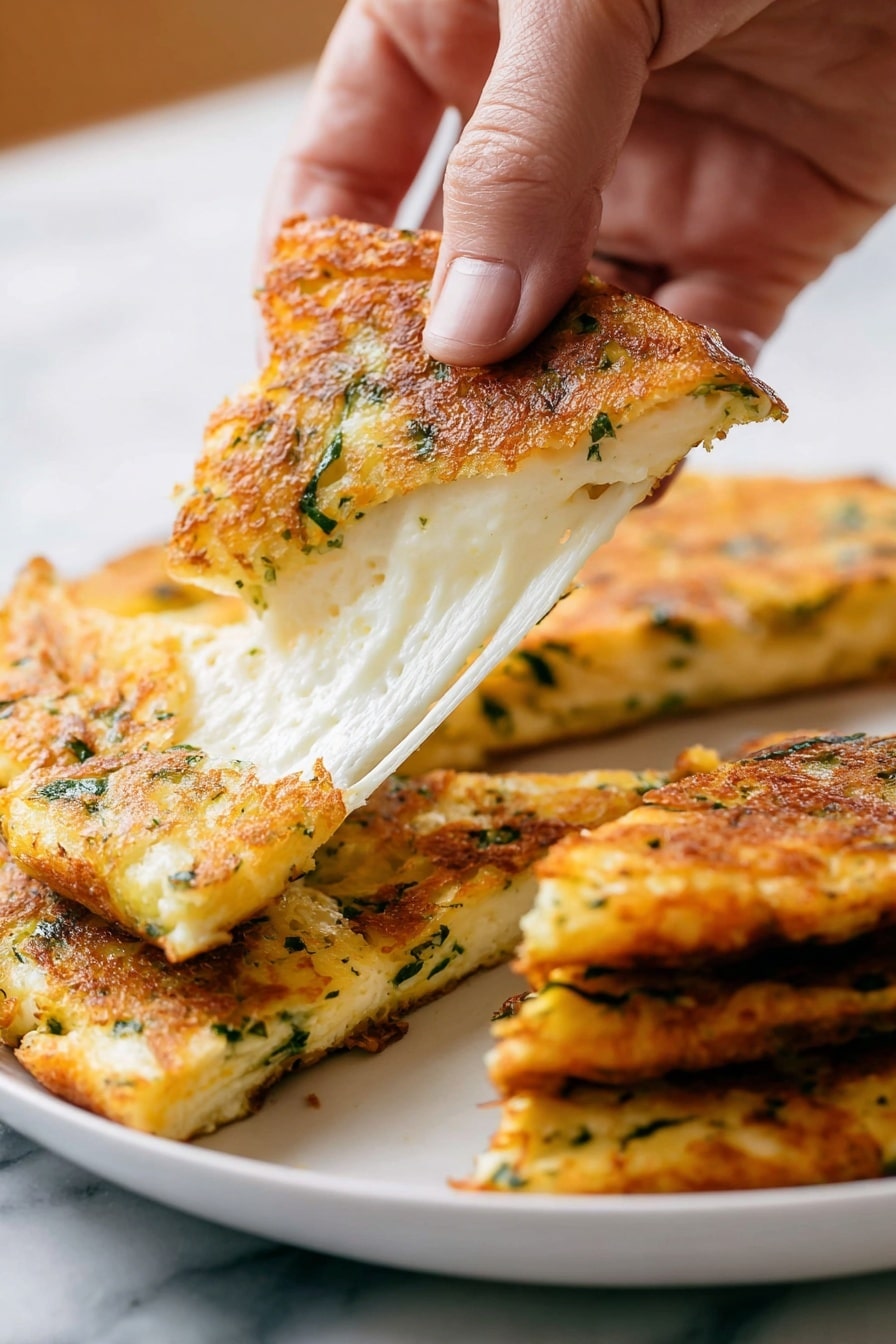 A close-up of a woman's hand pulling apart a crispy, golden-brown pancake with green herbs baked into the surface, revealing a thick, stretchy white cheese layer inside. The pancake has a rough textured outer layer with visible flecks of green herbs. In the background, several similar pancakes are stacked on a white plate, all showing a mixture of golden and green colors with a slightly uneven surface. The scene is set on a white marbled texture. photo taken with an iphone --ar 2:3 --v 7 - Mozzarella en Carrozza, Italian mozzarella sandwiches, cheesy fried bread, crispy mozzarella appetizer, how to make Mozzarella en Carrozza