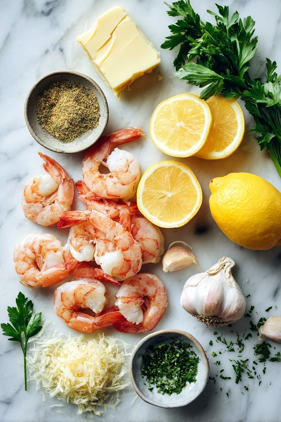 Flat lay of raw peeled shrimp, fresh lemon halves and lemon zest, whole garlic cloves and minced garlic, a small mound of grated parmesan cheese, a pat of butter, sprigs of fresh parsley, and a small bowl of Italian seasoning, all beautifully arranged with vibrant colors and natural lighting, placed on a white marble surface, photo taken with an iphone --ar 2:3 --v 7 - Creamy Lemon Garlic Parmesan Shrimp, shrimp recipes, easy seafood dinner, quick dinner ideas, healthy shrimp dishes