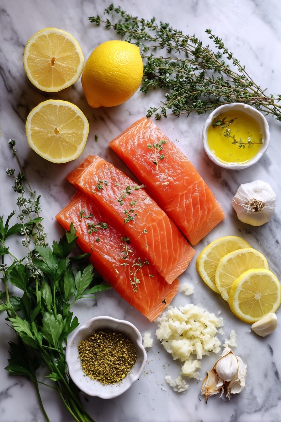 Flat lay of fresh pink salmon fillets, bright yellow lemon halves and thin lemon slices, vibrant green sprigs of parsley and thyme, small piles of minced garlic, and a scattering of dried Italian herb seasoning, all beautifully arranged with a drizzle of golden olive oil glistening on top, placed on a white marble surface, photo taken with an iphone --ar 2:3 --v 7 - Best Easy Healthy Baked Salmon, healthy baked salmon, quick baked salmon recipe, flavorful baked salmon, easy salmon dinner