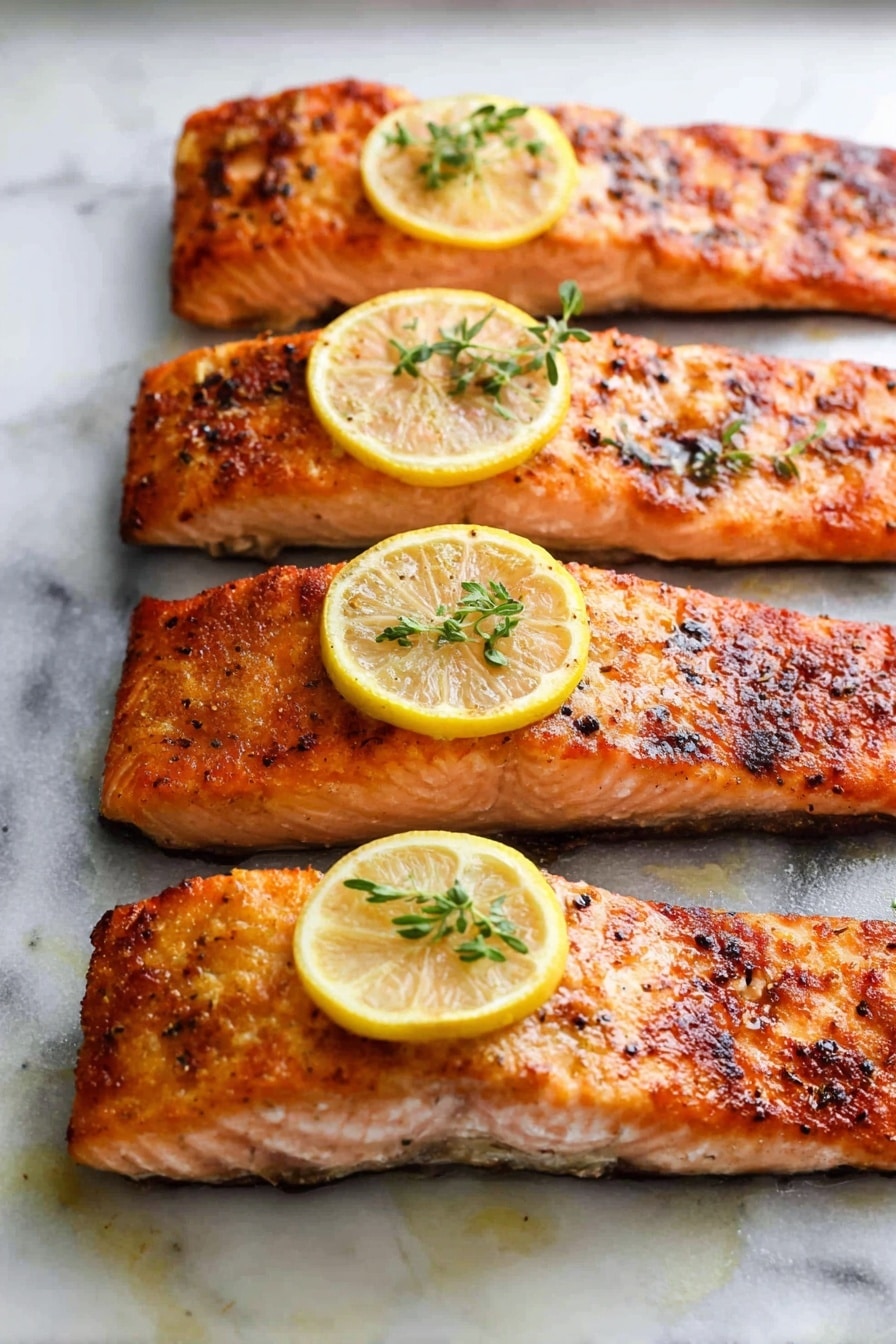 Four pieces of cooked salmon fillets are laid out in a row on a white marbled surface, each fillet having a crispy, golden-brown edge with a soft pink center. On top of the three middle fillets, there is a thin yellow lemon slice garnished with small sprigs of green herbs, adding a fresh touch. The fillets have a slightly flaky texture with small black and brown seasoning bits scattered across their surface, highlighting their seasoned and roasted look. The image shows a close-up view with good lighting to bring out the warm colors of the fish and the freshness of the lemon slices photo taken with an iphone --ar 2:3 --v 7 - Best Easy Healthy Baked Salmon, healthy baked salmon, quick baked salmon recipe, flavorful baked salmon, easy salmon dinner