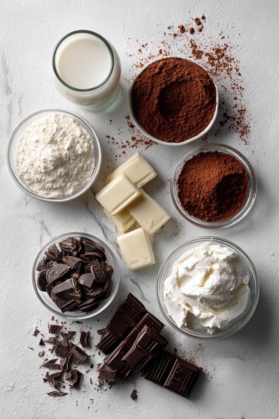 Flat lay of finely ground Oreo cookies, smooth creamy peanut butter, rich dark chocolate chunks, soft cream cheese, fluffy whipped cream, chopped peanut butter cups, whole milk in a small glass, and a dusting of unsweetened cocoa powder, all beautifully arranged for a food photography shot, placed on a white marble surface, photo taken with an iphone --ar 2:3 --v 7 - Chocolate Peanut Butter Pie, chocolate peanut butter pie dessert, easy peanut butter chocolate pie, no-bake chocolate peanut butter pie, quick chocolate peanut butter pie