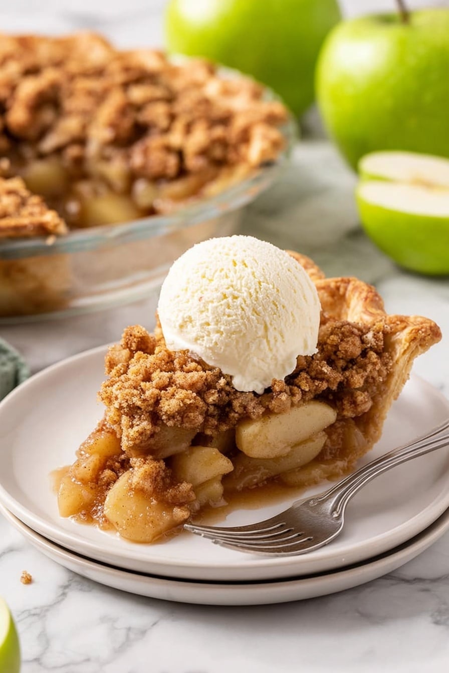 A slice of apple crumble pie is placed on a round white plate with a metal fork beside it. The pie slice has three visible layers: at the bottom, a golden-brown crust; in the middle, soft apple pieces coated with a glossy syrup; on top, a crumbly, brown sugar and cinnamon topping. A scoop of vanilla ice cream, creamy and slightly melting, rests on the crumble layer. The plate sits on a white marbled surface, with a whole pie in a clear dish and green apples, some whole and one cut in half, scattered around. Photo taken with an iphone --ar 2:3 --v 7 - Dutch Apple Pie, apple pie recipe, homemade apple pie, classic apple pie, easy apple pie dessert