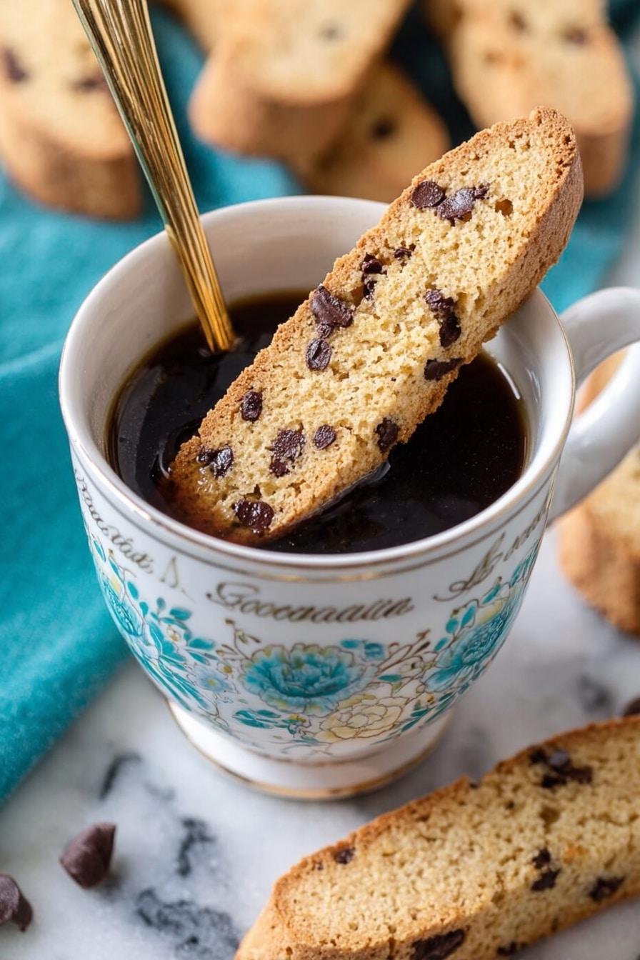 A close-up image shows a cup filled with dark coffee topped with a single long biscotti resting on the cup edge. The cup is white with blue-green floral designs and text, with a gold spoon inside. Around the cup, there is a white marbled surface with more biscotti scattered in the background, and a teal cloth underneath the cup. The biscotti is light golden with visible chocolate chips inside. photo taken with an iphone --ar 2:3 --v 7 - Chocolate Chip Almond Biscotti, Biscotti recipe with chocolate and almonds, Crunchy almond biscotti, Homemade biscotti with chocolate chips, Easy biscotti for coffee dunking