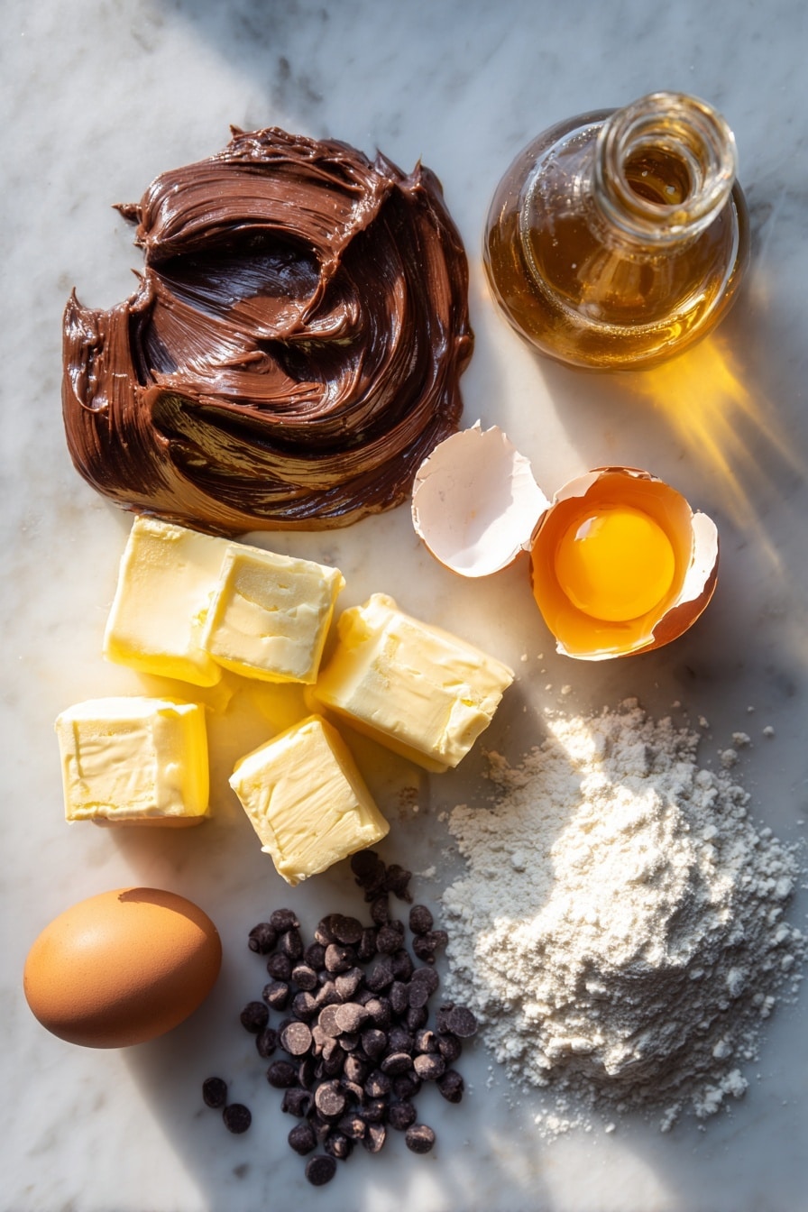 Flat lay of glossy, rich Nutella spread in a small heap, scattered dark chocolate chips, neatly cubed cold unsalted butter, a small mound of tightly packed brown sugar, a cracked open large egg with bright yolk visible, a bottle of golden honey, and a small heap of plain all-purpose flour, all artfully arranged with soft natural light highlighting their textures, placed on a white marble surface, photo taken with an iphone --ar 2:3 --v 7 - Nutella Stuffed Cookies, Nutella Cookies, Chocolate Hazelnut Cookies, Soft Chewy Cookies, Easy Nutella Dessert