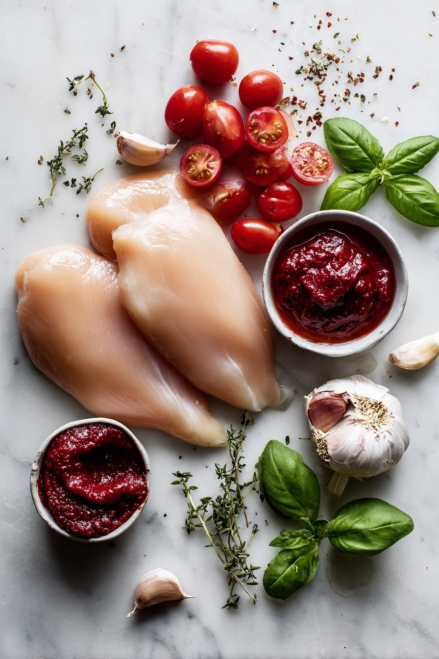 Flat lay of boneless skinless chicken breasts, a small bowl of thick heavy cream, vibrant red cherry tomatoes sliced in half, a rich dollop of deep red tomato paste, bright fresh basil leaves, whole garlic cloves, and a small pile of dried basil and thyme herbs artfully scattered, placed on a white marble surface, photo taken with an iphone --ar 2:3 --v 7 - Slow Cooker Creamy Tomato Basil Chicken, easy chicken dinner, slow cooker chicken recipes, creamy tomato basil chicken, flavorful chicken meal