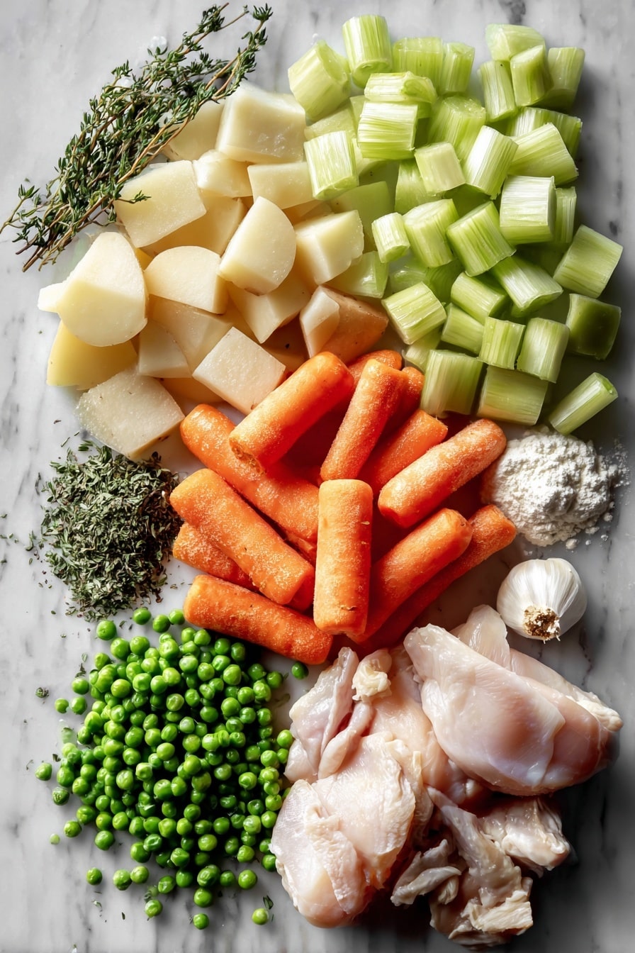 Flat lay of peeled and chopped large carrots, finely chopped celery ribs, peeled and diced medium potatoes, minced garlic cloves, fresh boneless skinless chicken breasts, frozen green peas, dried parsley and thyme herbs, and a small pile of all-purpose flour, arranged beautifully with bright natural light highlighting their colors and textures, placed on a white marble surface, photo taken with an iphone --ar 2:3 --v 7 - Crockpot Chicken and Dumplings, slow cooker chicken and dumplings, easy chicken and dumplings recipe, comforting slow cooker meals, homemade chicken and dumplings