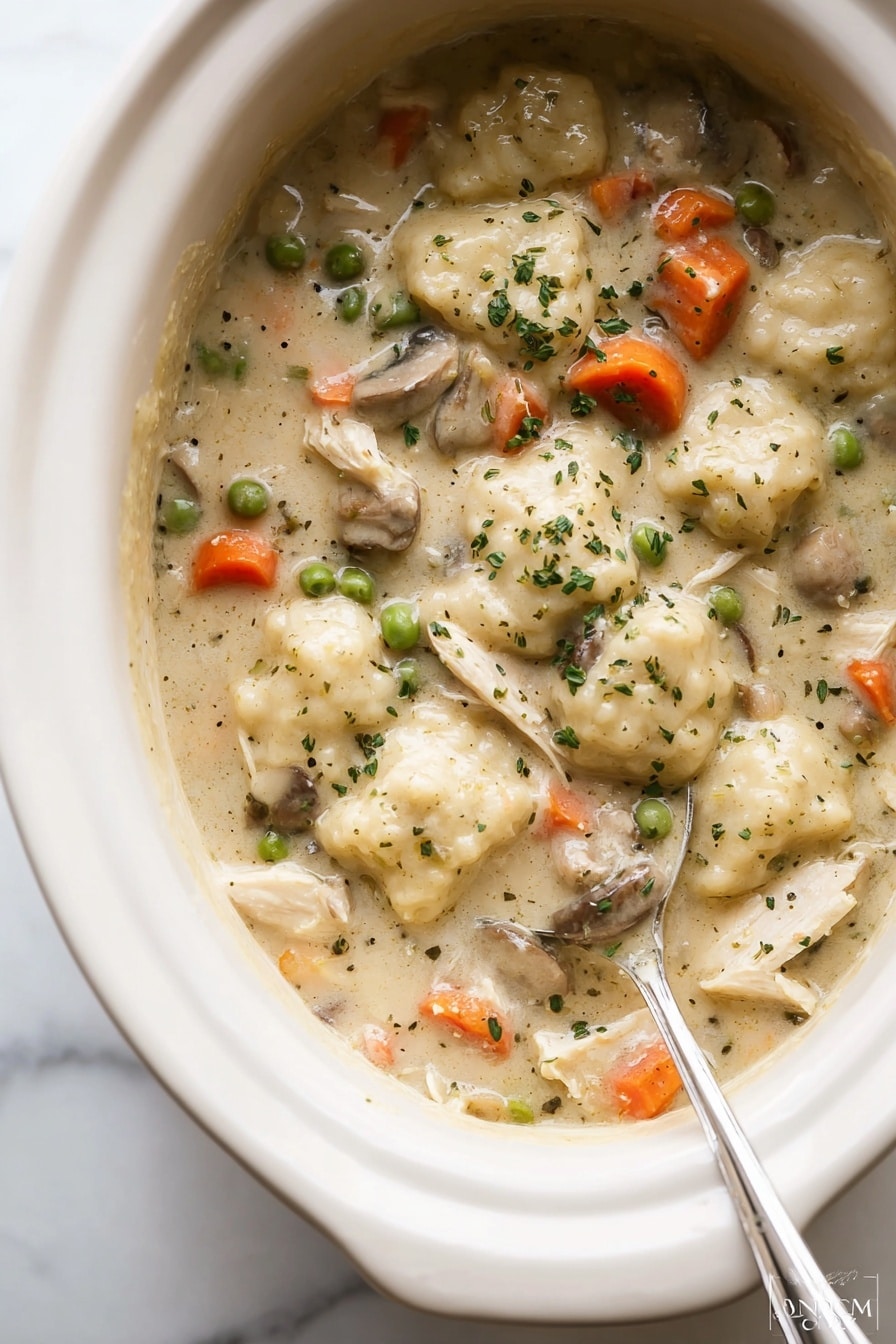 A close-up top view of a white slow cooker filled with thick, creamy chicken and vegetable stew. The stew has visible chunks of white chicken, soft carrots in bright orange, green peas, and tender mushrooms all mixed in a light beige sauce, which looks rich and smooth. There are several small, light dumplings scattered throughout, with finely chopped green herbs sprinkled on top for texture. A silver spoon is partially inserted into the stew, resting near the edge of the slow cooker, with some of the stew on it. The slow cooker sits on a white marbled surface. photo taken with an iphone --ar 2:3 --v 7 - Crockpot Chicken and Dumplings, slow cooker chicken and dumplings, easy chicken and dumplings recipe, comforting slow cooker meals, homemade chicken and dumplings