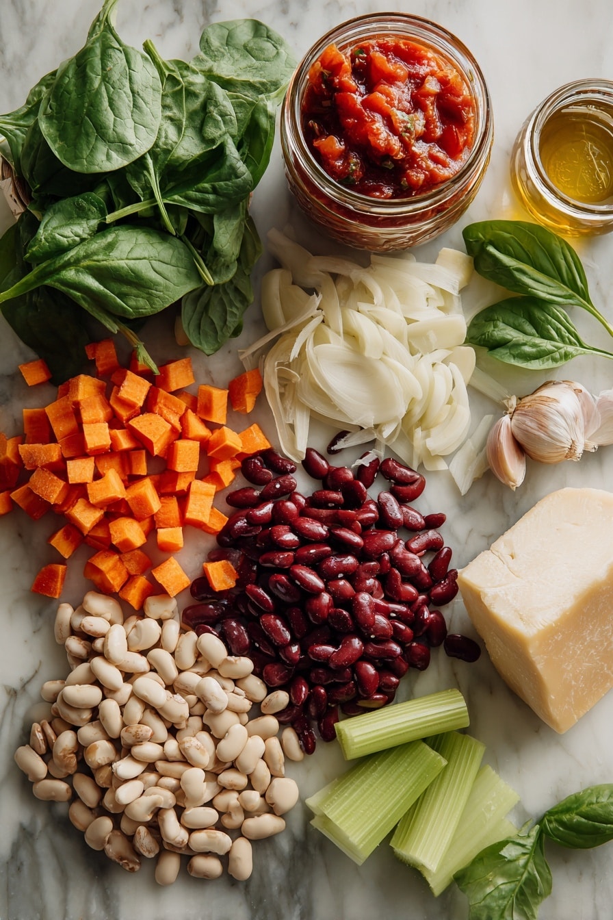 Flat lay of dried cranberry beans spilling gently beside diced bright orange carrots, sliced pale green celery stalks, a large chopped golden onion, thinly sliced cloves of garlic arranged like delicate petals, a vibrant jar of diced red tomatoes with juice, fresh dark green baby spinach leaves fanned out nearby, a wedge of Parmigiano-Reggiano cheese with a chunk of rind resting beside it, and a few fresh basil leaves scattered artfully, placed on a white marble surface, photo taken with an iphone --ar 2:3 --v 7 - Cranberry Bean Soup, hearty cranberry bean recipe, nourishing bean soup, easy cranberry bean dish, comforting vegetable soup