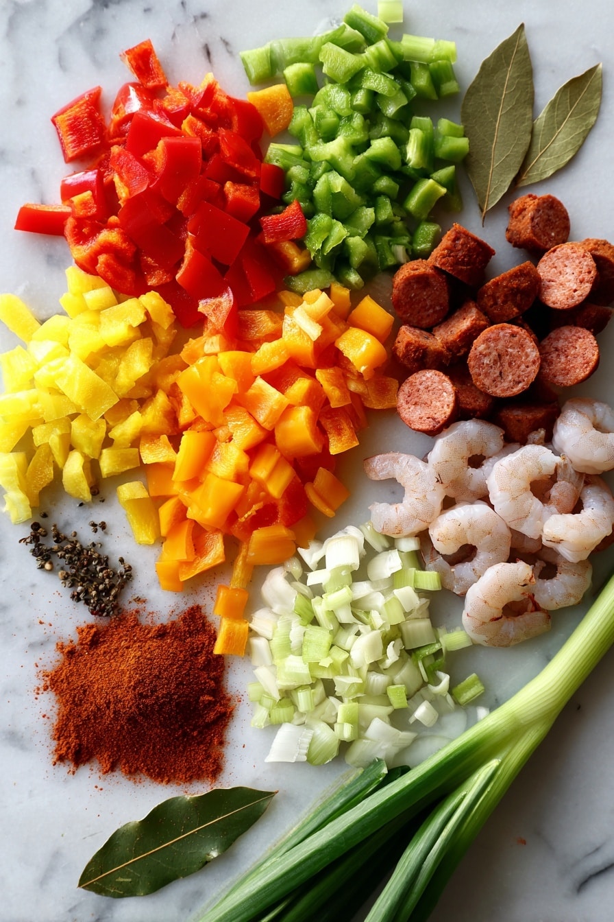 Flat lay of diced red, green, yellow, and orange bell peppers, chopped celery stalks, minced garlic cloves, sliced andouille sausage, raw pink shrimp, fresh scallions, bay leaves, and a small pile of reddish-brown roux powder, arranged beautifully with vibrant colors and textures, placed on a white marble surface, photo taken with an iphone --ar 2:3 --v 7 - New Orleans Gumbo with Shrimp and Sausage, Cajun gumbo recipe, Louisiana seafood gumbo, hearty shrimp sausage stew, authentic Cajun gumbo