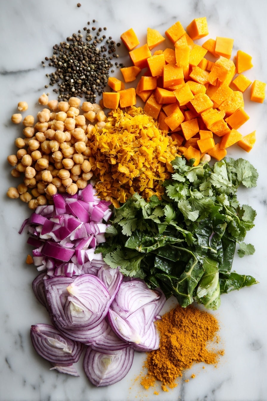 Flat lay of vibrant orange diced sweet potatoes, golden yellow onions finely diced, plump light beige chickpeas, bright green Swiss chard ribbons, fresh cilantro leaves, small clusters of black mustard seeds and whole cumin seeds, thin slices of deep purple red onion, and a small pile of golden brown garam masala powder, placed on a white marble surface, photo taken with an iphone --ar 2:3 --v 7 - Indian Chickpea Sweet Potato Stew, Vegan Indian Stew, Gluten-Free Chickpea Stew, Hearty Indian Vegan Recipe, Easy Indian Vegetable Stew
