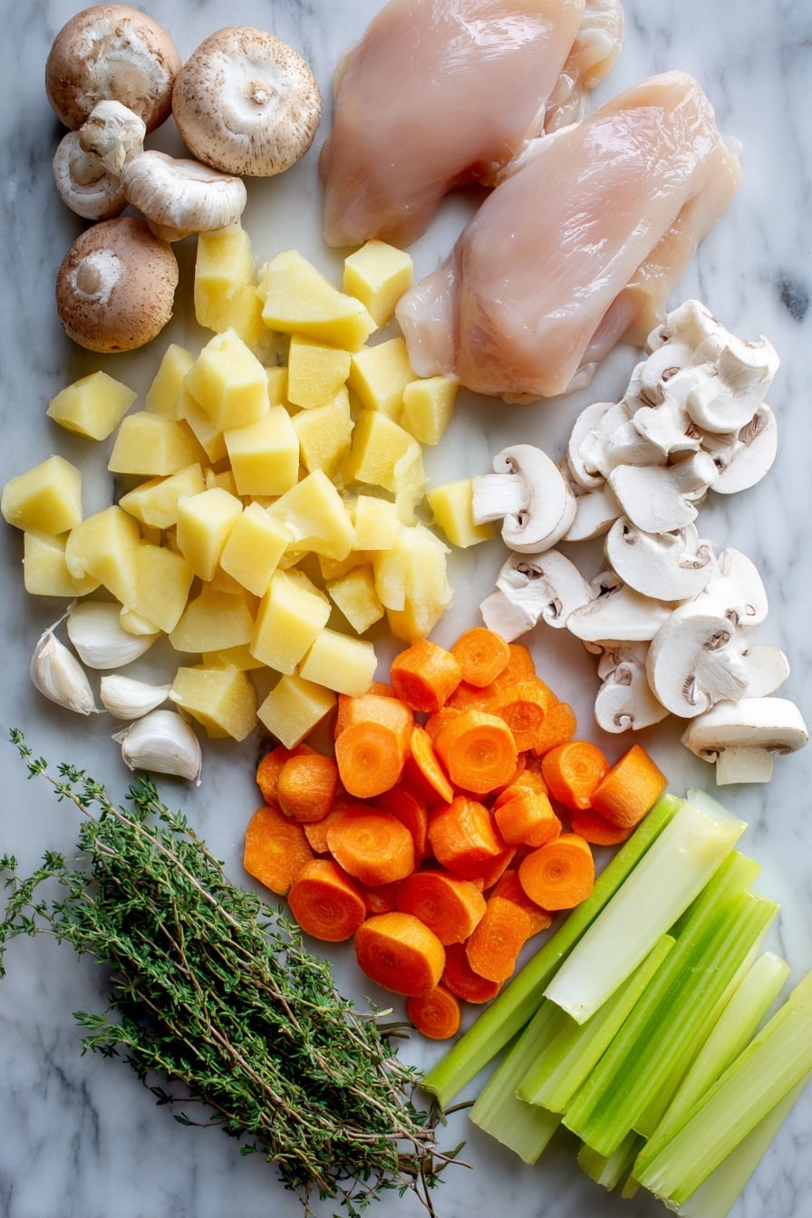 Flat lay of fresh uncooked chicken breasts, peeled and diced Russet potatoes, sliced white mushrooms, peeled and sliced bright orange carrots, chopped celery stalks, chopped half medium onion, whole garlic cloves, and a small bunch of Italian seasoning herbs, all beautifully arranged in a natural, colorful spread placed on a white marble surface, photo taken with an iphone --ar 2:3 --v 7 - Easy Chicken Stew, comforting chicken stew, hearty chicken stew, easy dinner recipes, simple chicken stew