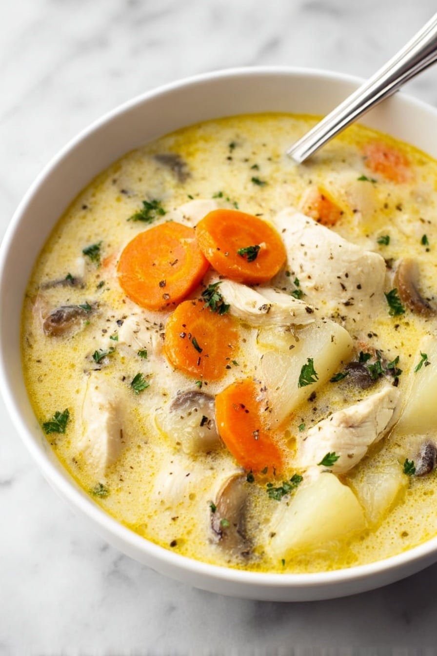 A white bowl filled with creamy chicken soup showing about four layers of ingredients. The top layer has several large orange carrot slices evenly spread, along with white chicken pieces that have a slightly rough texture and light pepper specks. The middle layer contains chopped white potatoes and small pieces of dark brown mushrooms nestled in the creamy yellow broth with herbs floating around. The broth itself has a smooth, slightly oily surface with specks of green parsley and black pepper scattered, giving a fresh and colorful look. A silver spoon rests inside the bowl, slightly submerged in the soup. The bowl sits on a white marbled surface. photo taken with an iphone --ar 2:3 --v 7 - Easy Chicken Stew, comforting chicken stew, hearty chicken stew, easy dinner recipes, simple chicken stew