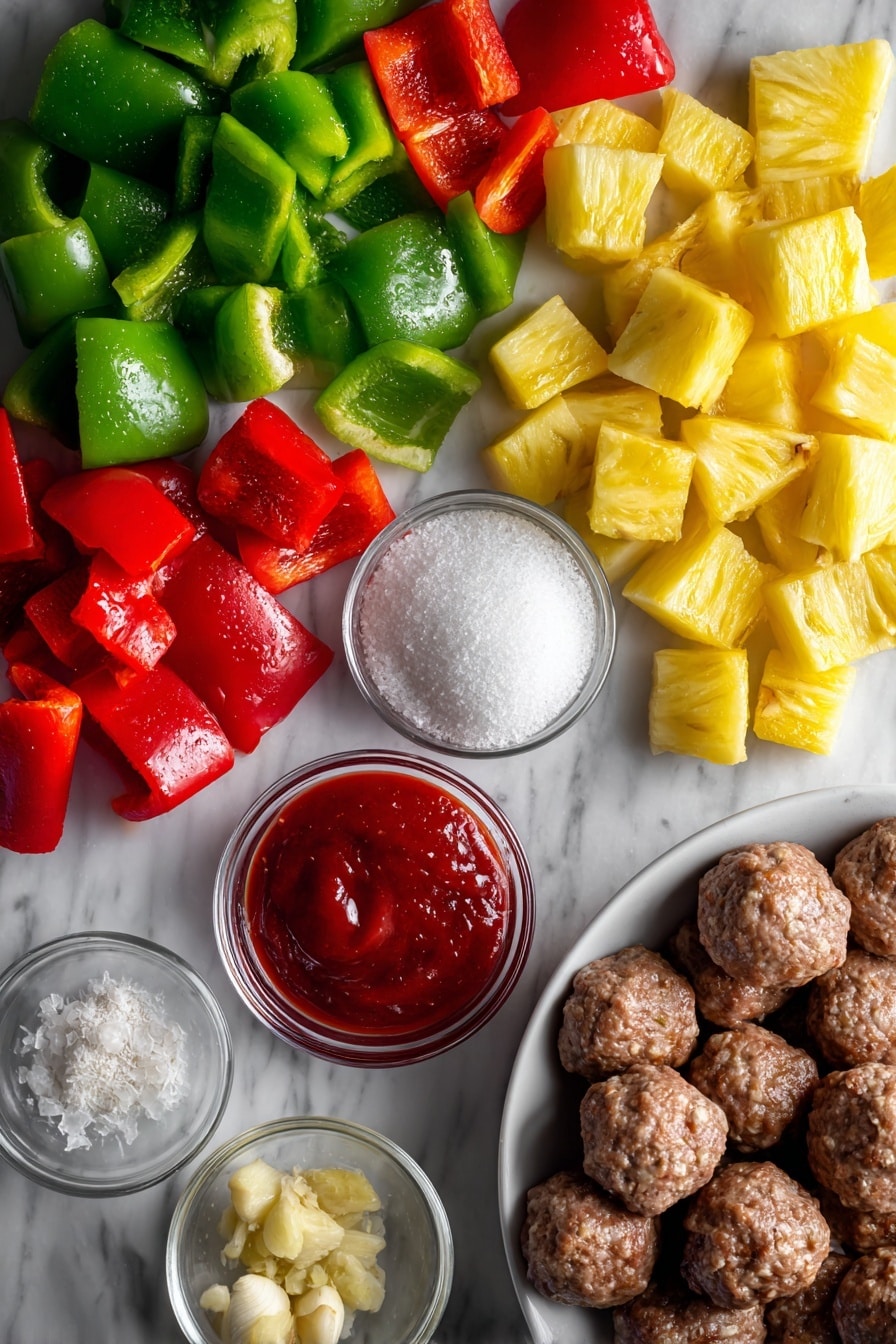 Flat lay of vibrant red and green bell pepper chunks, juicy golden pineapple pieces with glossy juice, plump frozen beef meatballs, bright white granulated sugar crystals, a small heap of white vinegar, smooth red tomato ketchup, light beige minced garlic, and pale yellow minced ginger, all beautifully arranged in a natural, colorful composition placed on a white marble surface, photo taken with an iphone --ar 2:3 --v 7 - Sweet and Sour Crockpot Meatballs, crockpot meatball recipes, easy crockpot dinners, kid-friendly dinner ideas, make-ahead holiday meals