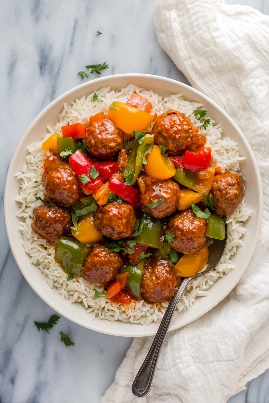 A white round bowl filled with a bed of white rice as the bottom layer, topped with a colorful mix of bright red, green, and yellow bell pepper chunks, along with golden brown meatballs coated in a shiny sauce, all spread evenly across the rice. A silver spoon rests inside the bowl on the right side. The bowl is placed on a white marbled surface with a white cloth beside it. Photo taken with an iphone --ar 2:3 --v 7 - Sweet and Sour Crockpot Meatballs, crockpot meatball recipes, easy crockpot dinners, kid-friendly dinner ideas, make-ahead holiday meals