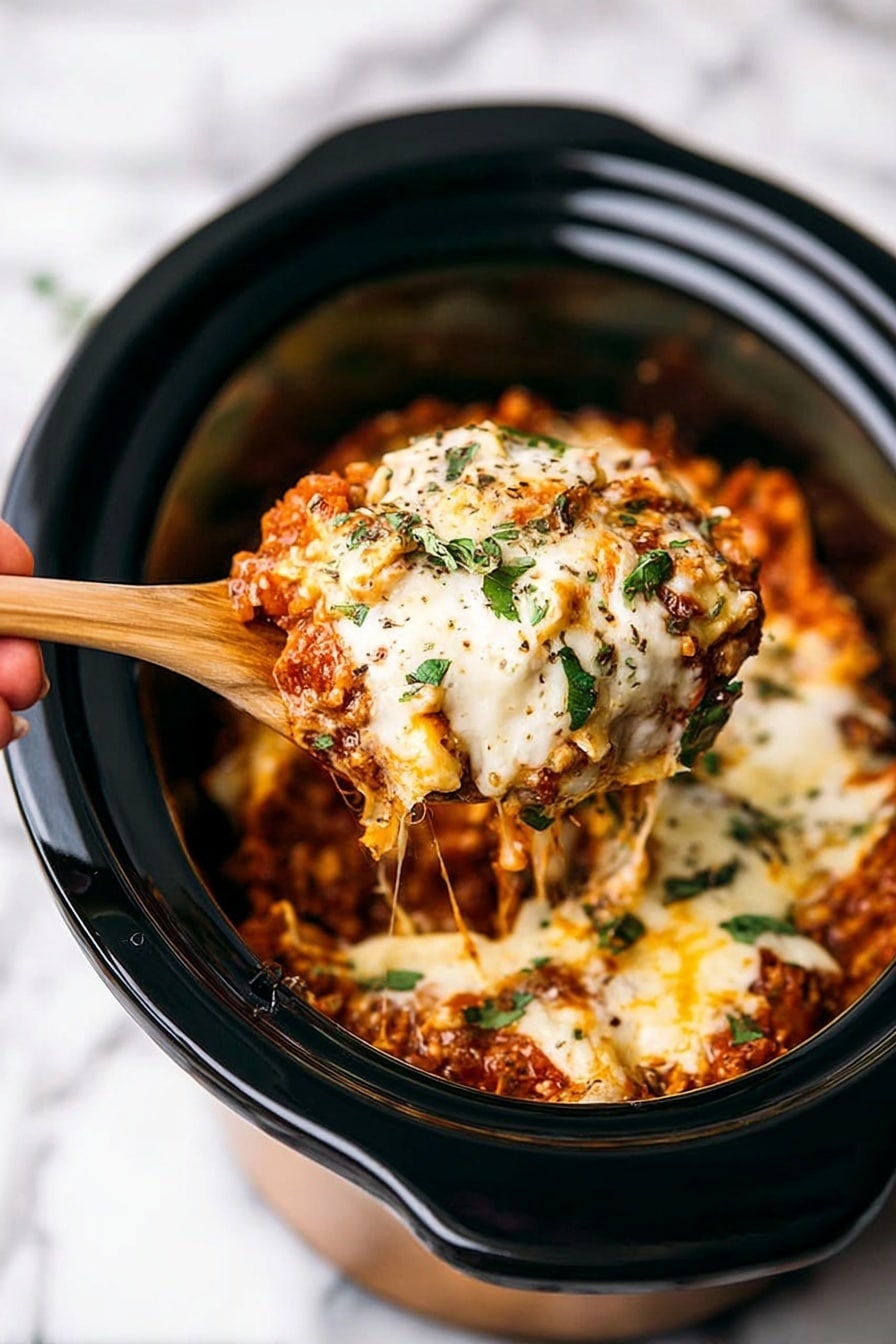 A close-up image shows a black slow cooker filled with a dish that has multiple layers. The bottom layer is a reddish-brown mixture with a rough texture, suggesting cooked meat and sauce. Above this is a creamy, melted white cheese layer that looks soft and stretchy, covering the dish unevenly with some areas browned. On top, there are small green herbs sprinkled evenly, adding a fresh touch. A wooden spoon lifts a generous scoop of the dish, showing the mix of sauce, meat, and cheese strands stretching back to the cooker, with a woman's hand holding the spoon. The background is a white marbled surface. Photo taken with an iphone --ar 2:3 --v 7 - Crockpot Lasagna, easy slow cooker lasagna, hearty lasagna recipe, comfort food lasagna, no-boil lasagna in crockpot