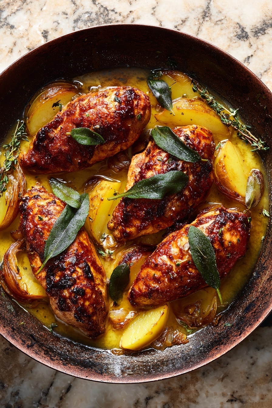 The image shows a dark skillet filled with four pieces of meat wrapped in crispy, dark reddish-brown bacon with a slight char, each topped with whole green sage leaves. Around the meat are soft, warm yellow and light orange apple slices with a glossy, cooked texture, along with small browned shallots nestled in a light golden sauce covering the bottom of the skillet. Small green thyme sprigs are scattered throughout, adding a fresh touch. The skillet rests on a rough, rustic surface, but the background should be imagined as a white marbled texture. photo taken with an iphone --ar 2:3 --v 7 - Prosciutto Apple and Sage Butter Chicken with Cider Pan Sauce, apple chicken recipes, savory chicken dinner ideas, easy fall chicken dishes, gourmet chicken recipes