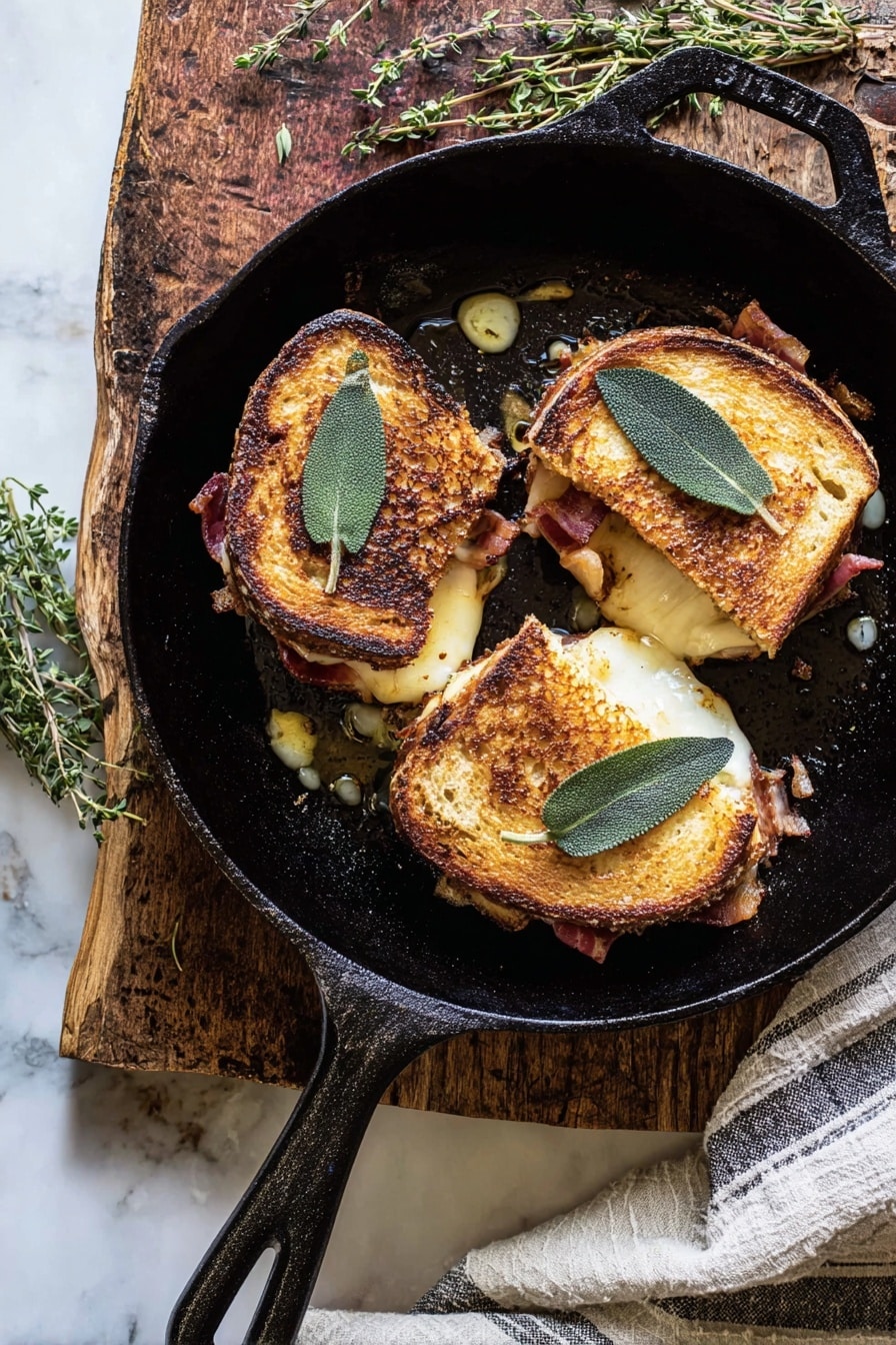 Three toasted sandwiches with golden brown crusts sit in a black cast iron pan, each topped with a single dark green fried sage leaf. The sandwiches are slightly open, showing melted white cheese and bits of bacon inside. The pan glistens with melted butter and small herbs scattered around. The pan is on a rough wooden board, which rests on a white marbled surface with some red flowers and a checked cloth nearby. Photo taken with an iphone --ar 2:3 --v 7 - French Onion and Apple Grilled Cheese, gourmet grilled cheese sandwich, caramelized onion apple sandwich, fall-inspired grilled cheese, prosciutto and cheese melt