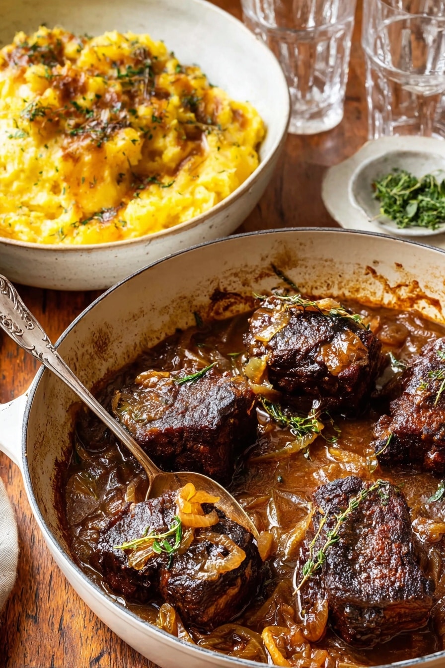 A white pan filled with four dark brown, crispy pieces of cooked meat sitting in a thick, shiny brown sauce with visible cooked onions and small green herb leaves scattered on top and around the meat; next to it is a white bowl holding golden yellow, roasted mashed potatoes with some darker crispy edges and green herbs mixed in, with a silver spoon scooping a portion; the background is a warm wooden surface with two clear glasses and a small white plate with green herbs on the lower right; photo taken with an iphone --ar 2:3 --v 7 - Cider Braised Pot Roast with Crispy Sage Potatoes, pot roast with apple cider, slow cooker beef recipes, easy comfort food, savory potato side dishes