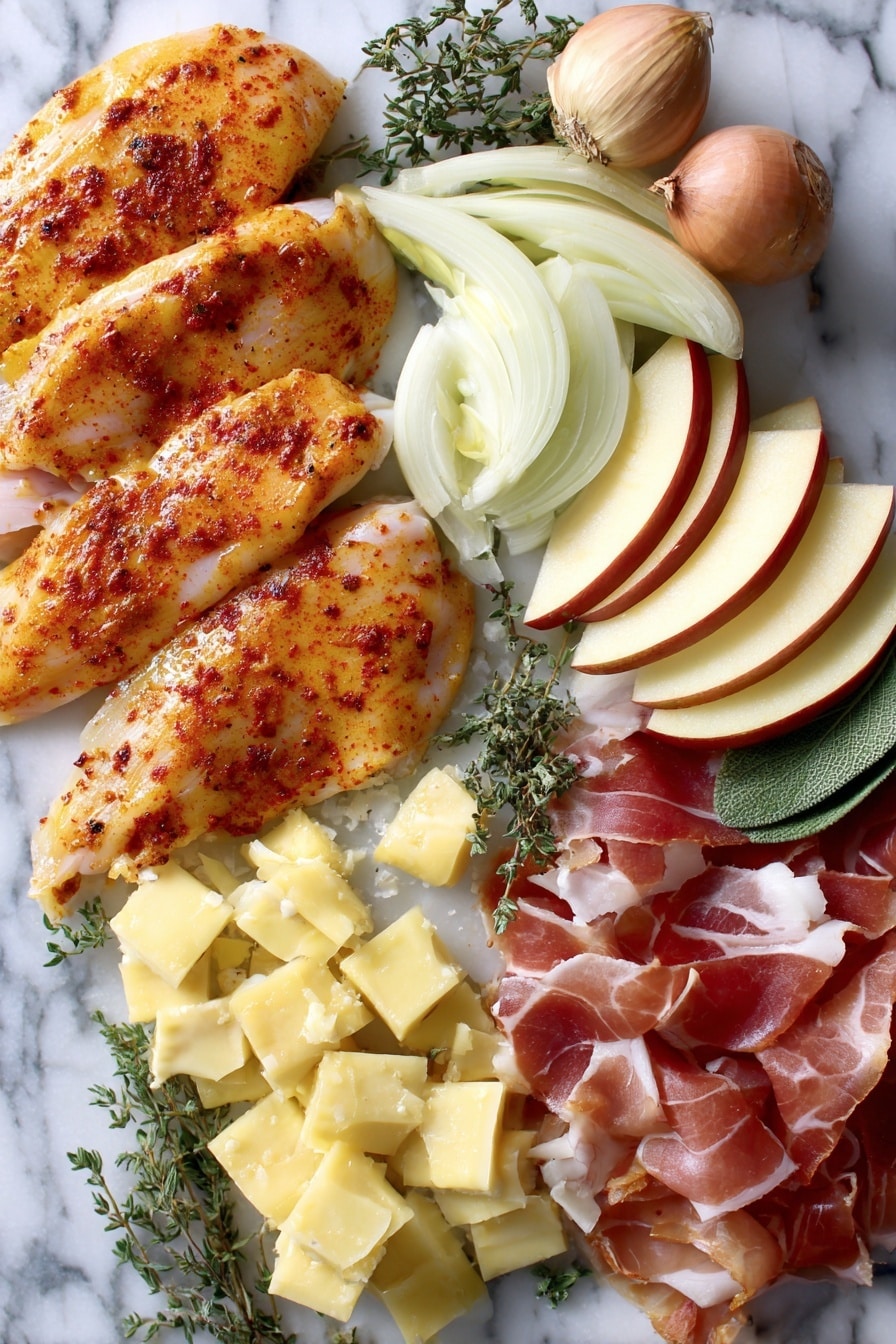 Flat lay of thin-cut chicken breasts seasoned with paprika and cayenne, crispy golden prosciutto slices, sliced yellow onion, chopped garlic cloves, fresh thyme and sage leaves, crisp Honeycrisp apple wedges, and shredded Gruyère cheese, all beautifully arranged with pats of salted butter scattered among the ingredients, placed on a white marble surface, photo taken with an iphone --ar 2:3 --v 7 - Apple Cider Smothered Chicken, apple cider chicken recipe, cozy chicken dinner, fall chicken recipes, easy weeknight chicken