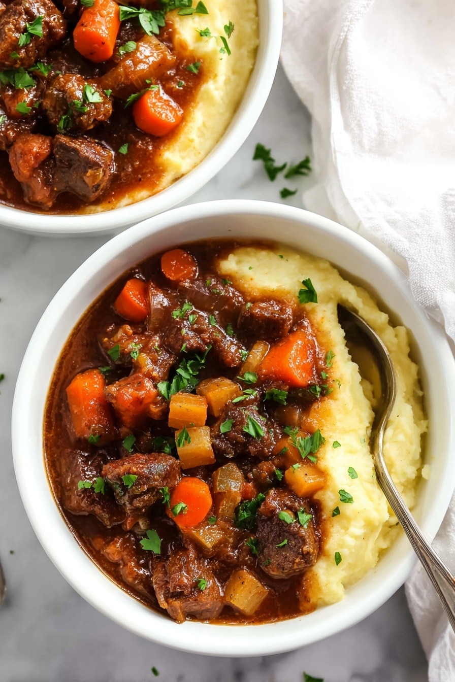 The image shows a stew with rich brown chunks of meat and bright orange carrot pieces mixed together in a thick, dark brown sauce. Green herbs are sprinkled on top, adding a fresh color contrast to the dish. The texture of the stew looks hearty with visible tender meat and soft vegetables, all contained in a dark cooking pot against a white marbled background. photo taken with an iphone --ar 2:3 --v 7 - Slow Cooker Beef Stew with Rich Gravy, hearty beef stew recipe, easy slow cooker beef dish, comforting beef stew with gravy, flavorful beef stew dinner