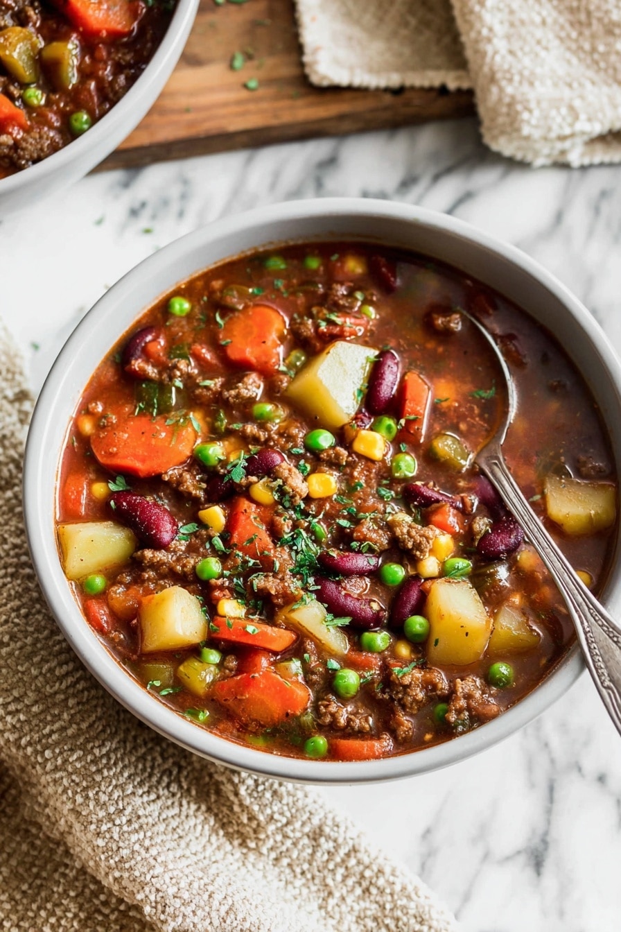 A bowl of thick stew filled with layers of colorful ingredients, starting with a base of rich, dark brown broth. Chunks of orange carrots, bright green peas, yellow corn, and deep red kidney beans are spread evenly throughout. Pieces of brown ground meat and slices of browned sausage add texture and depth. Small white potato cubes and bits of green herbs are scattered on top, adding a fresh touch. The stew fills a white bowl, with a spoon resting inside, all set on a white marbled surface with a beige and white textured cloth nearby. Photo taken with an iphone --ar 2:3 --v 7 - Cowboy Stew with Kielbasa, hearty one-pot stew, beef and sausage recipe, comforting dinner ideas, easy casserole with potatoes and veggies