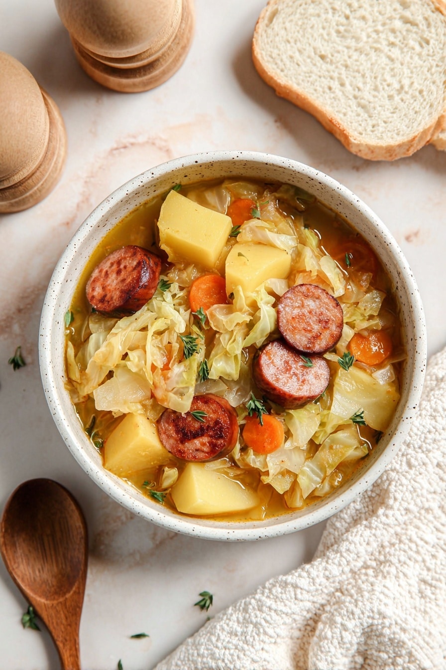 A bowl filled with a thick stew showing three main layers: the bottom layer is a light brown broth; the middle layer has large yellow potato chunks and slices of orange carrots; the top layer includes browned sausage slices, shredded light cabbage, and small green herb sprigs scattered on top. The bowl is white with small dark speckles and sits on a white marbled surface. Next to it are two slices of white bread and a wooden pepper grinder partially visible. A wooden spoon and a white textured cloth are placed nearby. Photo taken with an iphone --ar 2:3 --v 7 - Kielbasa and Cabbage Soup, hearty sausage cabbage soup, easy kielbasa vegetable soup, comforting kielbasa and cabbage, quick sausage and cabbage dinner