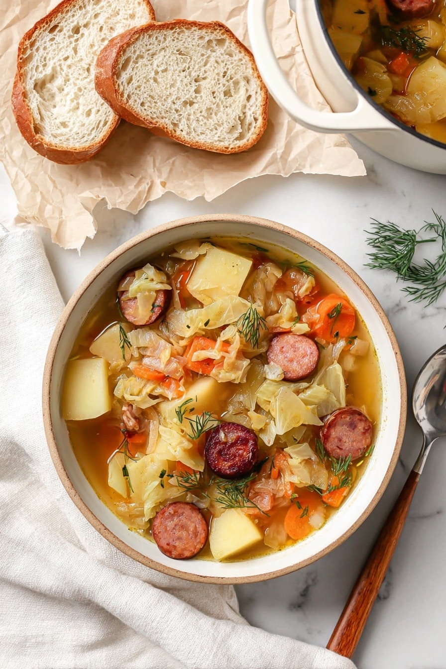 A bowl filled with soup showing three layers: at the bottom, a light brown broth; above it, chunks of light yellow potatoes and slices of orange carrots; on top, slices of dark brown sausage mixed with shredded translucent cabbage and small green dill sprigs scattered throughout. The bowl is round and white with a natural rim. Next to the bowl is a white cloth napkin and a spoon with a wooden handle resting on it. To the top left, there are two slices of pale bread set on crumpled parchment paper. Part of a white cooking pot containing more of the same soup is visible in the top right corner. The whole scene is arranged on a white marbled surface. photo taken with an iphone --ar 2:3 --v 7 - Kielbasa and Cabbage Soup, hearty sausage cabbage soup, easy kielbasa vegetable soup, comforting kielbasa and cabbage, quick sausage and cabbage dinner
