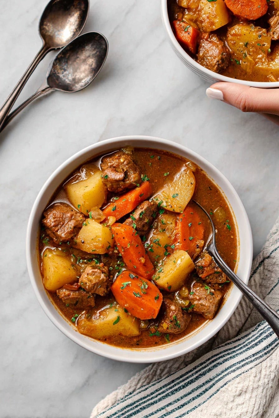 A white bowl filled with a thick stew showing three main layers: large orange carrot slices scattered throughout, chunky light brown pieces of meat evenly spread, and irregular yellowish potato pieces sitting on and beneath the meat and carrots, all mixed in a rich brown sauce with small green herb bits sprinkled on top. The bowl is placed on a white marbled surface next to two silver spoons and a striped white and blue cloth napkin. A woman's hand holds a similar white bowl with the same stew in the upper right corner. Photo taken with an iphone --ar 2:3 --v 7 - Hearty Oven-Braised Lamb Stew with Vegetables, Lamb stew recipe, comforting lamb dishes, slow-braised lamb, vegetable stew recipes