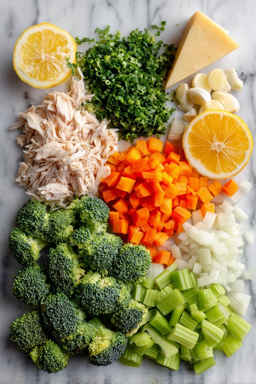 Flat lay of bright green broccoli florets, shredded cooked chicken, diced sweet onion, chopped orange carrots, chopped celery stalks, peeled garlic cloves, a wedge of parmesan rind, and a fresh lemon half with a spritz of juice, all beautifully arranged on a white marble surface, photo taken with an iphone --ar 2:3 --v 7 - Creamy Chicken and Broccoli Soup, hearty chicken broccoli soup, easy chicken and broccoli dinner, comforting creamy soup recipe, healthy chicken broccoli soup