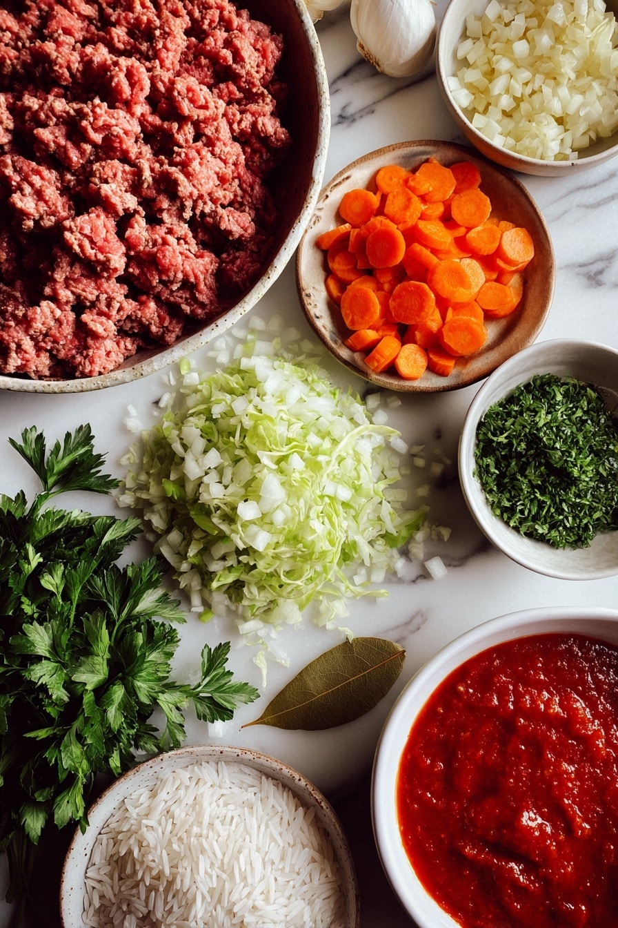 Flat lay of fresh ground beef, finely diced yellow onion, minced garlic cloves, chopped green cabbage, vibrant sliced carrots, bright red tomato sauce in a rich pool, uncooked white rice grains scattered delicately, a single bay leaf, and a small pile of fresh chopped parsley, all beautifully arranged on a white marble surface, photo taken with an iphone --ar 2:3 --v 7 - Cabbage Roll Soup, hearty cabbage roll soup, easy cabbage soup recipe, family-friendly cabbage soup, comforting cabbage roll dish