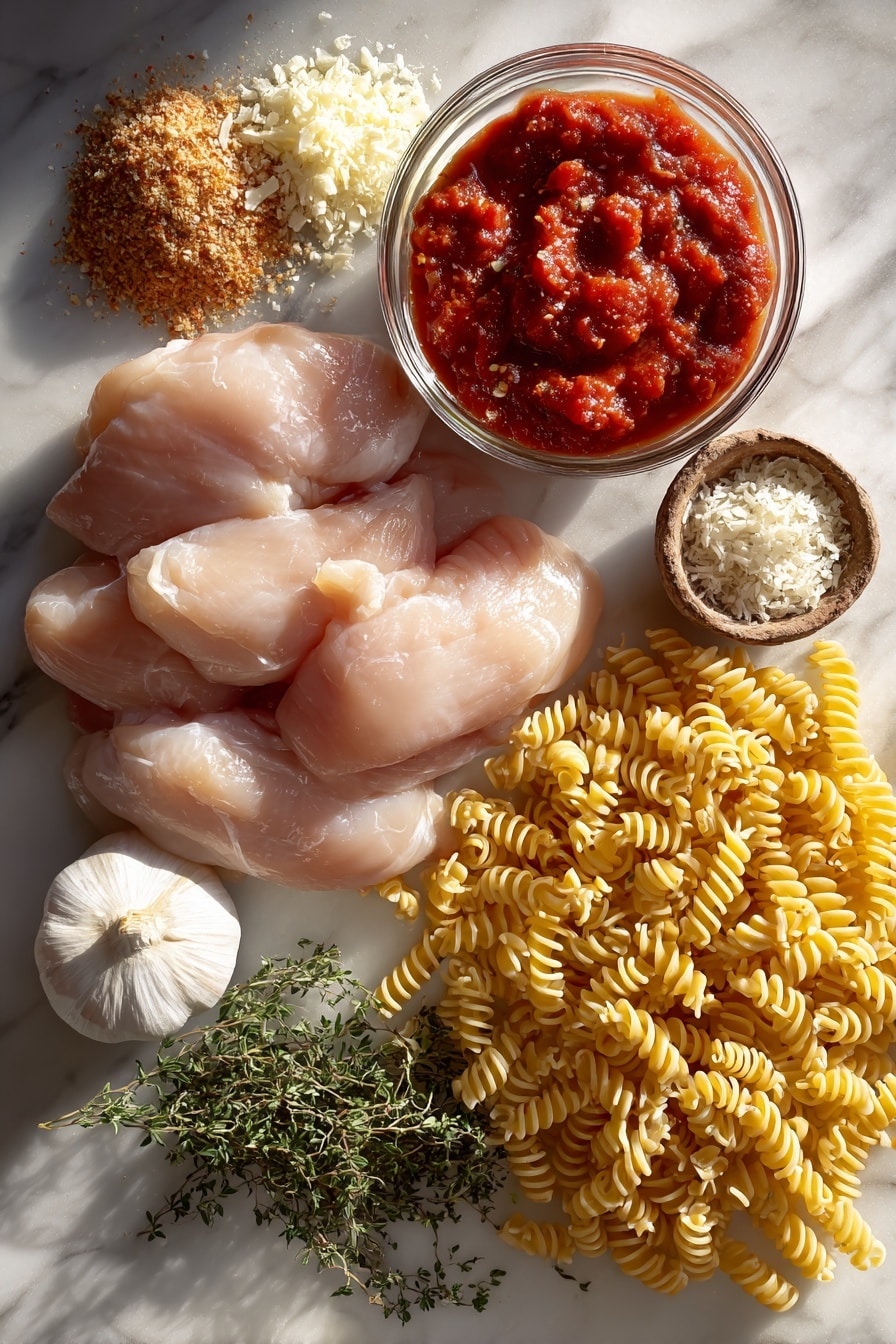 Flat lay of boneless skinless chicken breasts, minced garlic cloves, dried onion flakes, bright red tomato paste in a small glass jar, rich tomato sauce in a rustic bowl, diced vine-ripened tomatoes, fresh Italian seasoning herbs, grated Parmesan cheese piles, and uncooked campanelle pasta spirals, all beautifully arranged with natural light highlighting their vibrant colors, placed on a white marble surface, photo taken with an iphone --ar 2:3 --v 7 - Slow Cooker Chicken Parmesan Soup, chicken parmesan soup, easy crockpot chicken soup, comforting Italian soup, homemade chicken soup